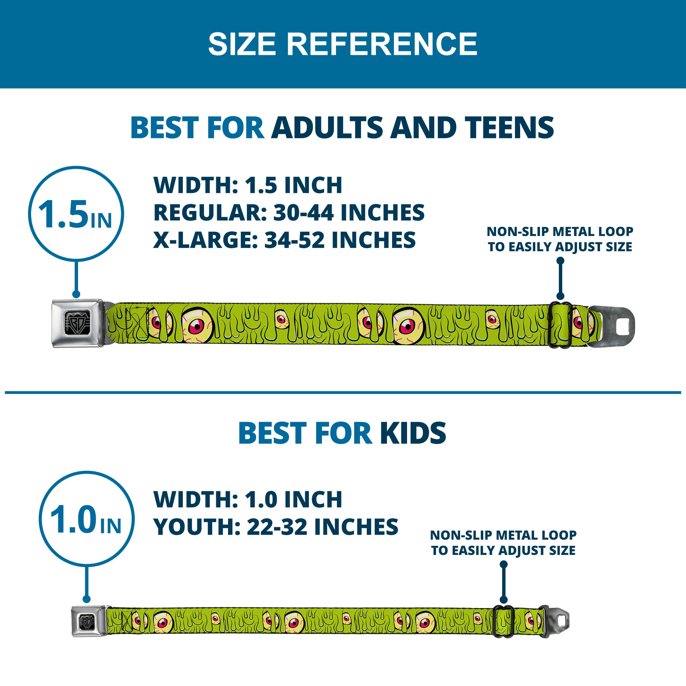 BD Wings Logo CLOSE-UP Black/Silver Seatbelt Belt - Slimy Eye Balls Green/Black/Yellow/Green Webbing Seatbelt Belts Buckle-Down