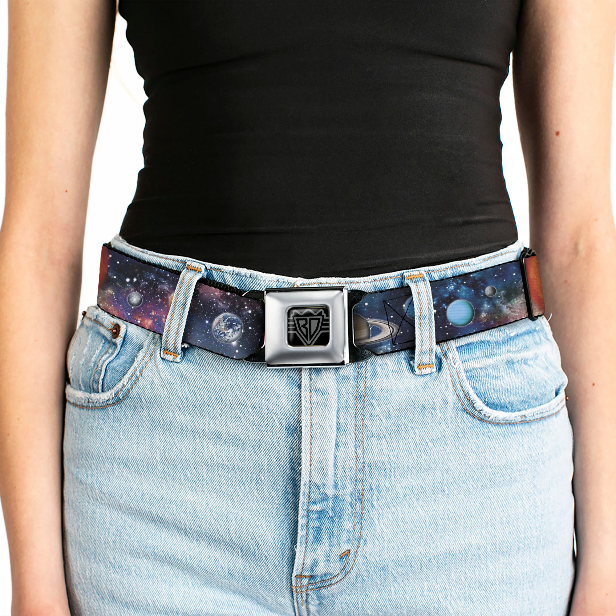 BD Wings Logo CLOSE-UP Black/Silver Seatbelt Belt - Solar System Sun/Planets/Stars2 Webbing Seatbelt Belts Buckle-Down