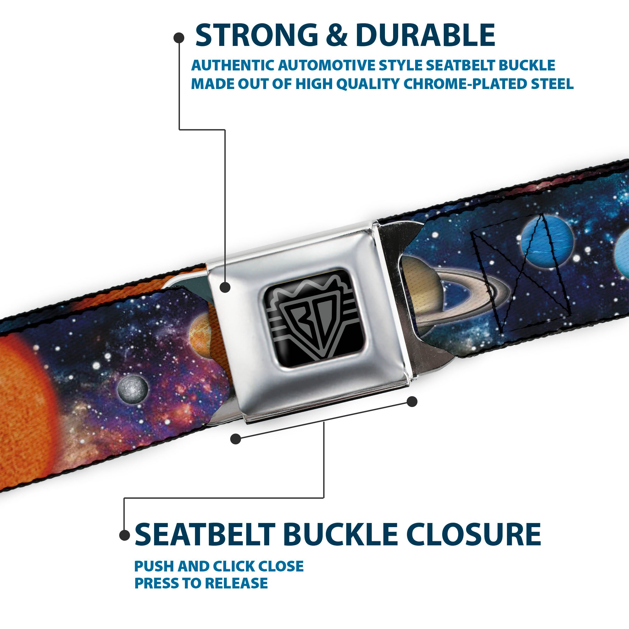 BD Wings Logo CLOSE-UP Black/Silver Seatbelt Belt - Solar System Sun/Planets/Stars2 Webbing Seatbelt Belts Buckle-Down