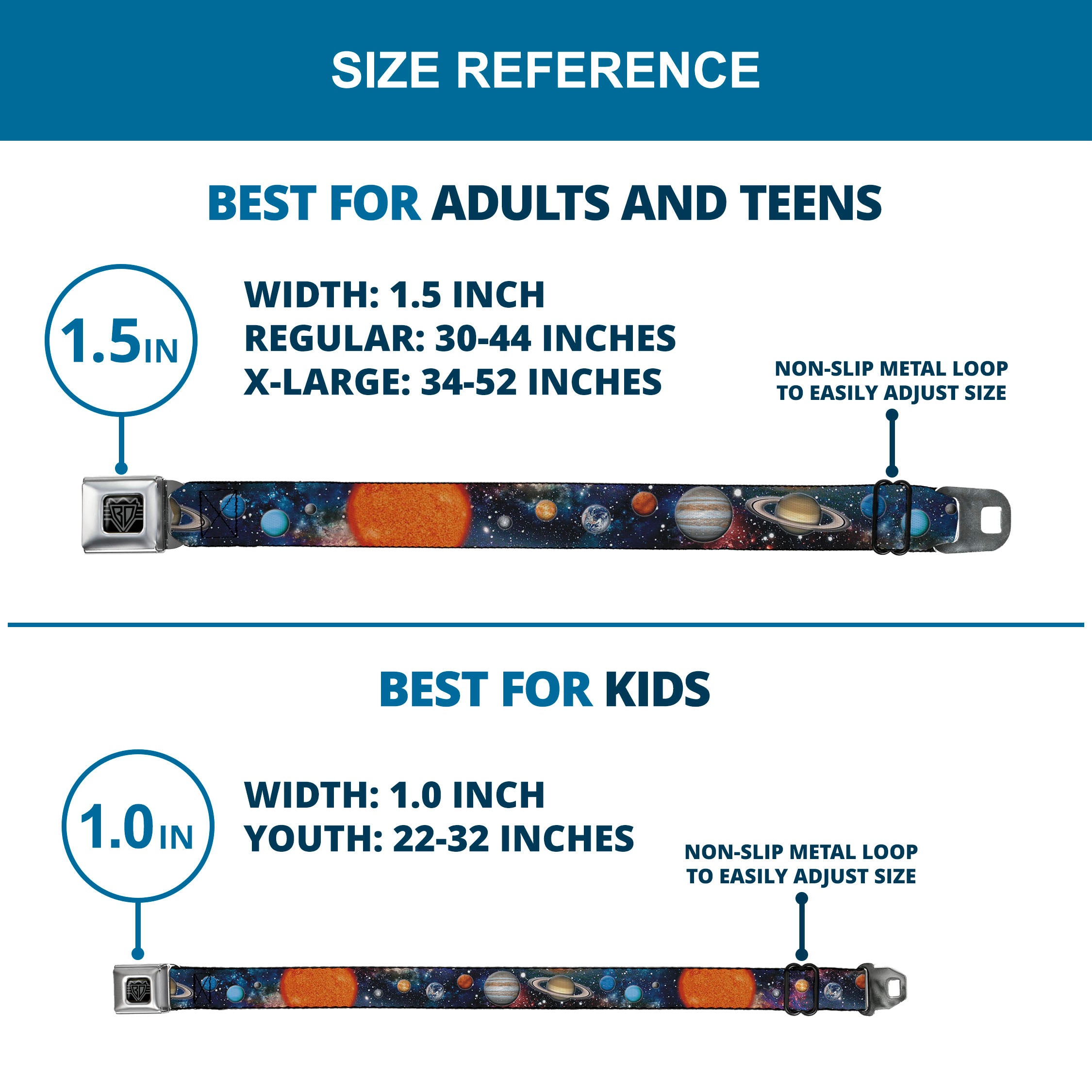 BD Wings Logo CLOSE-UP Black/Silver Seatbelt Belt - Solar System Sun/Planets/Stars2 Webbing Seatbelt Belts Buckle-Down