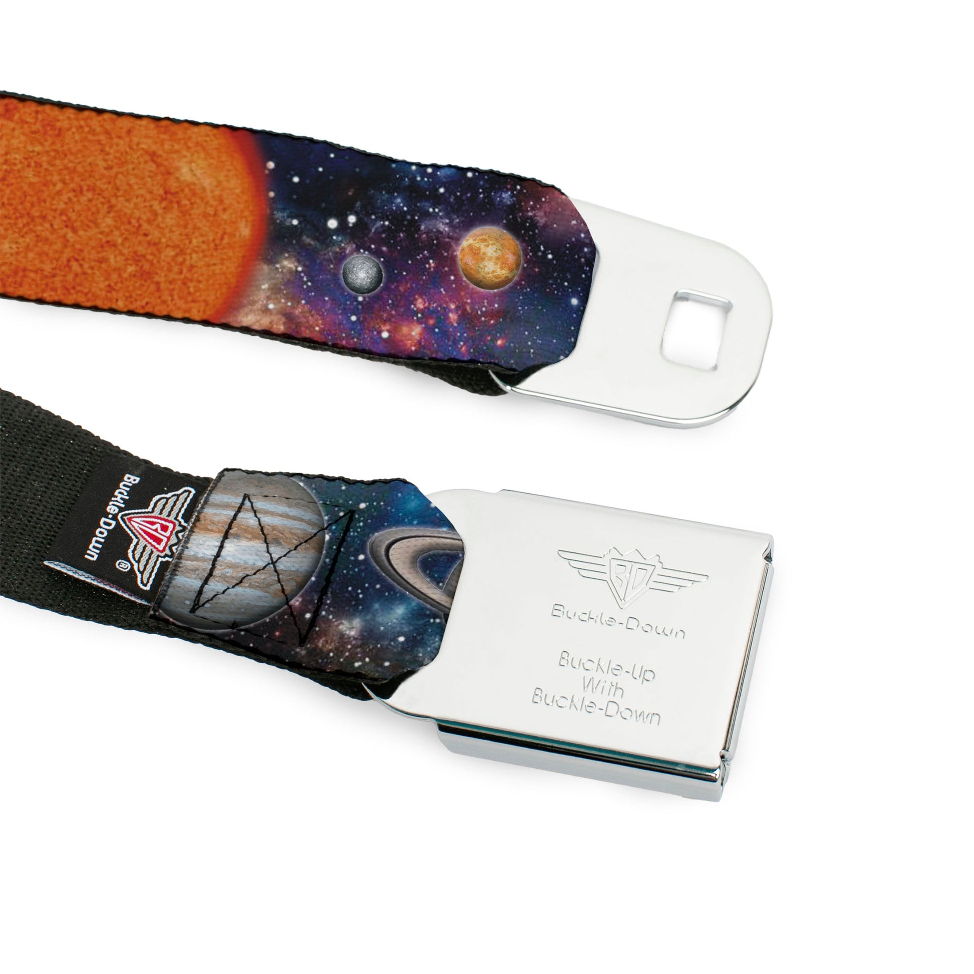 BD Wings Logo CLOSE-UP Black/Silver Seatbelt Belt - Solar System Sun/Planets/Stars2 Webbing Seatbelt Belts Buckle-Down
