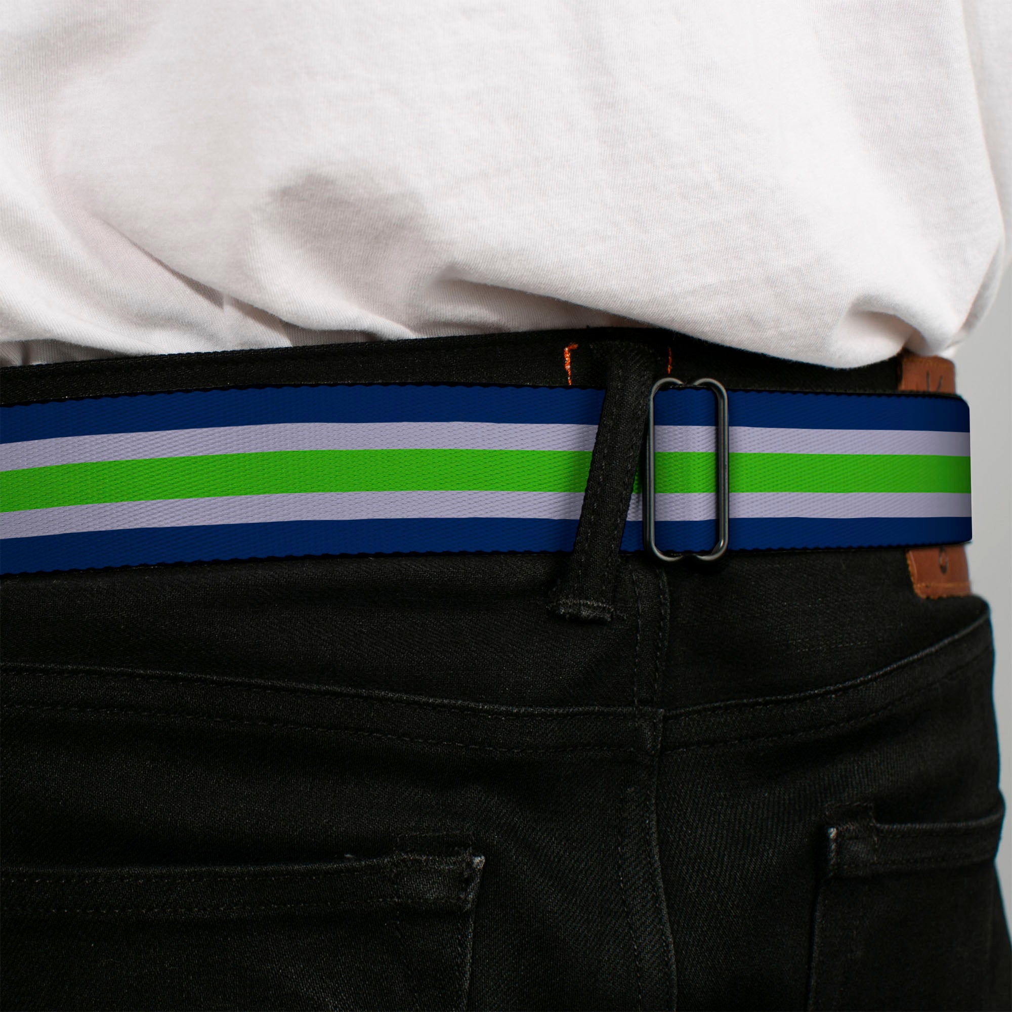 BD Wings Logo CLOSE-UP Black/Silver Seatbelt Belt - Stripe Navy/Gray/Green Webbing Seatbelt Belts Buckle-Down