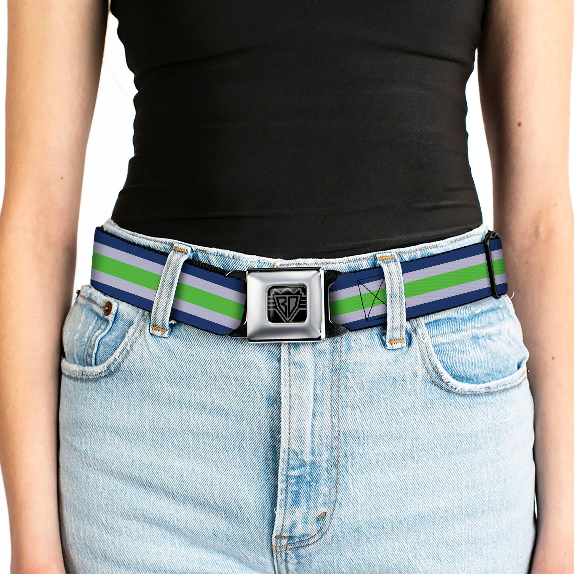 BD Wings Logo CLOSE-UP Black/Silver Seatbelt Belt - Stripe Navy/Gray/Green Webbing Seatbelt Belts Buckle-Down