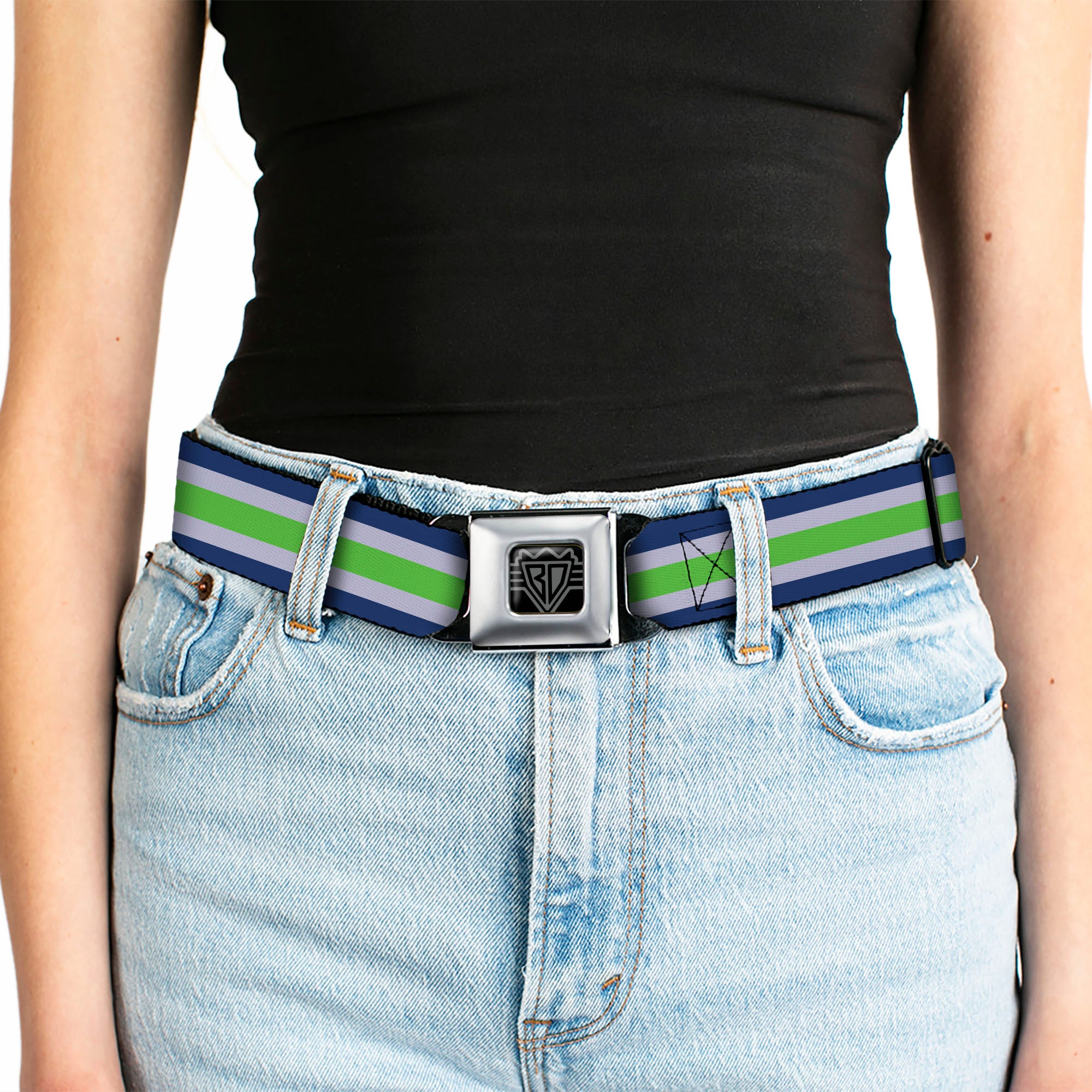 BD Wings Logo CLOSE-UP Black/Silver Seatbelt Belt - Stripe Navy/Gray/Green Webbing Seatbelt Belts Buckle-Down