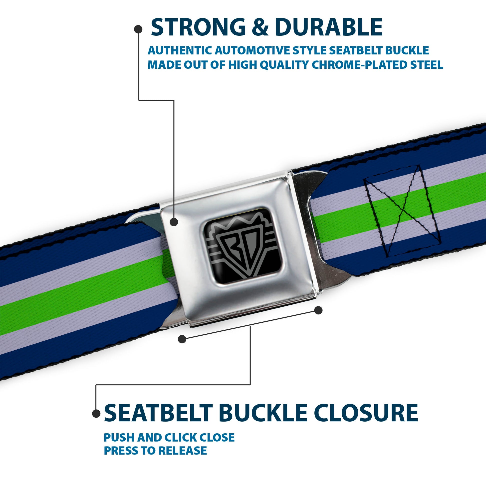 BD Wings Logo CLOSE-UP Black/Silver Seatbelt Belt - Stripe Navy/Gray/Green Webbing Seatbelt Belts Buckle-Down