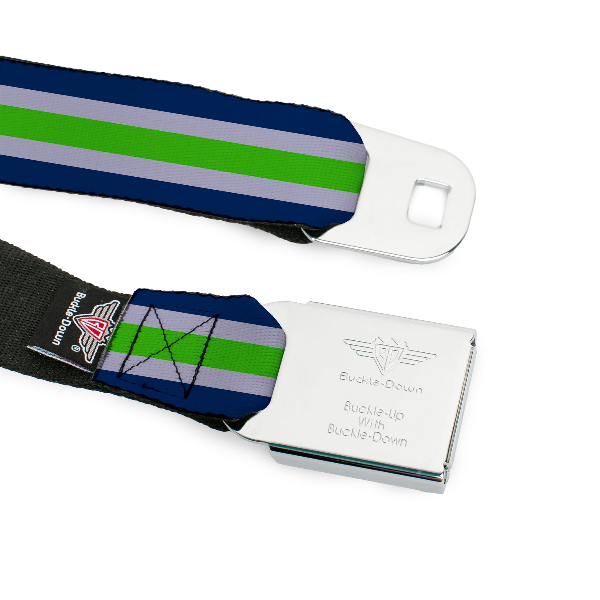 BD Wings Logo CLOSE-UP Black/Silver Seatbelt Belt - Stripe Navy/Gray/Green Webbing Seatbelt Belts Buckle-Down