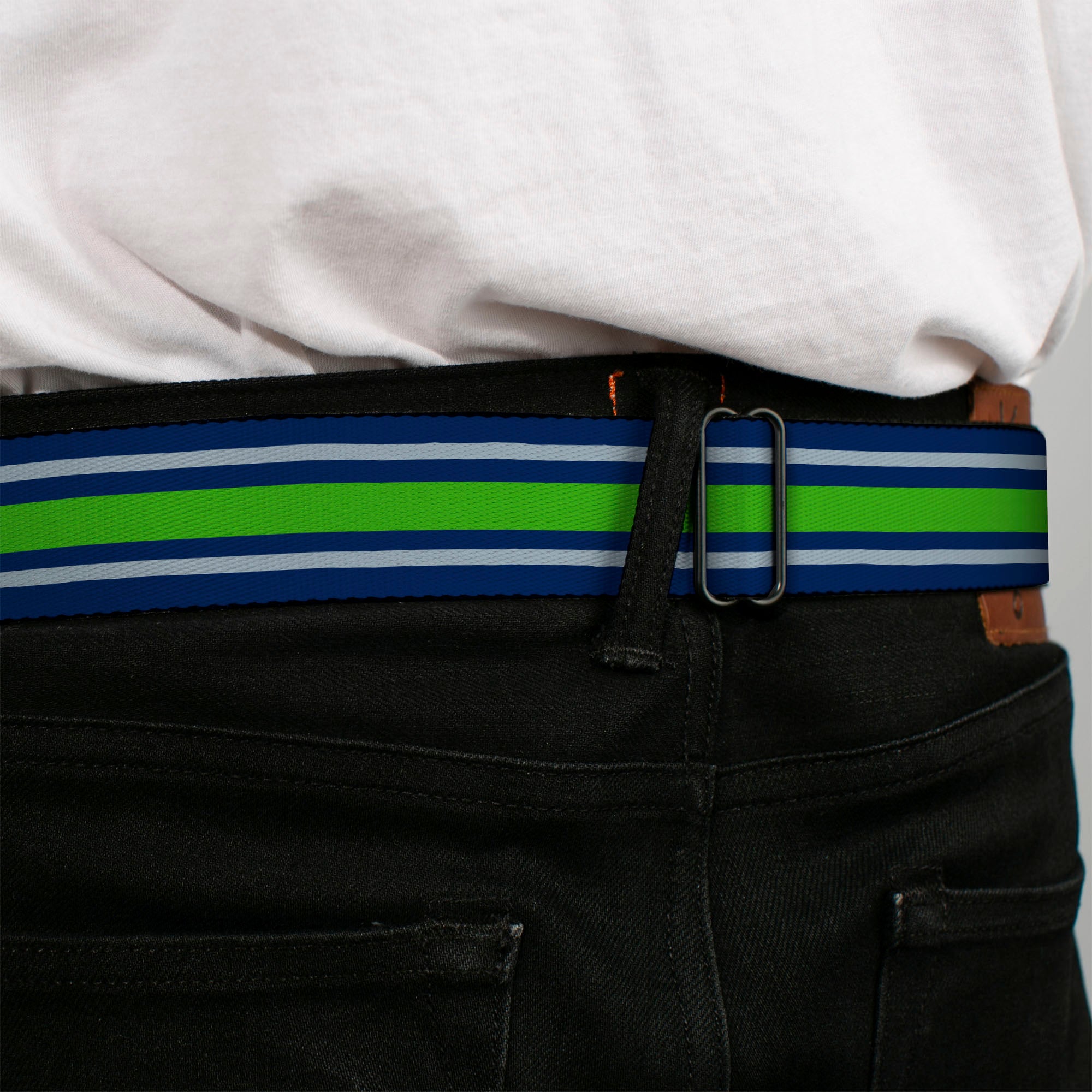 BD Wings Logo CLOSE-UP Black/Silver Seatbelt Belt - Stripe2 Navy/Gray/Green Webbing Seatbelt Belts Buckle-Down