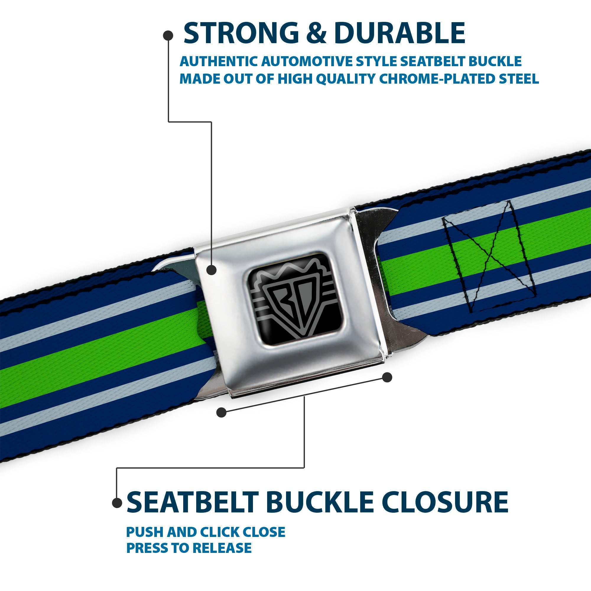 BD Wings Logo CLOSE-UP Black/Silver Seatbelt Belt - Stripe2 Navy/Gray/Green Webbing Seatbelt Belts Buckle-Down