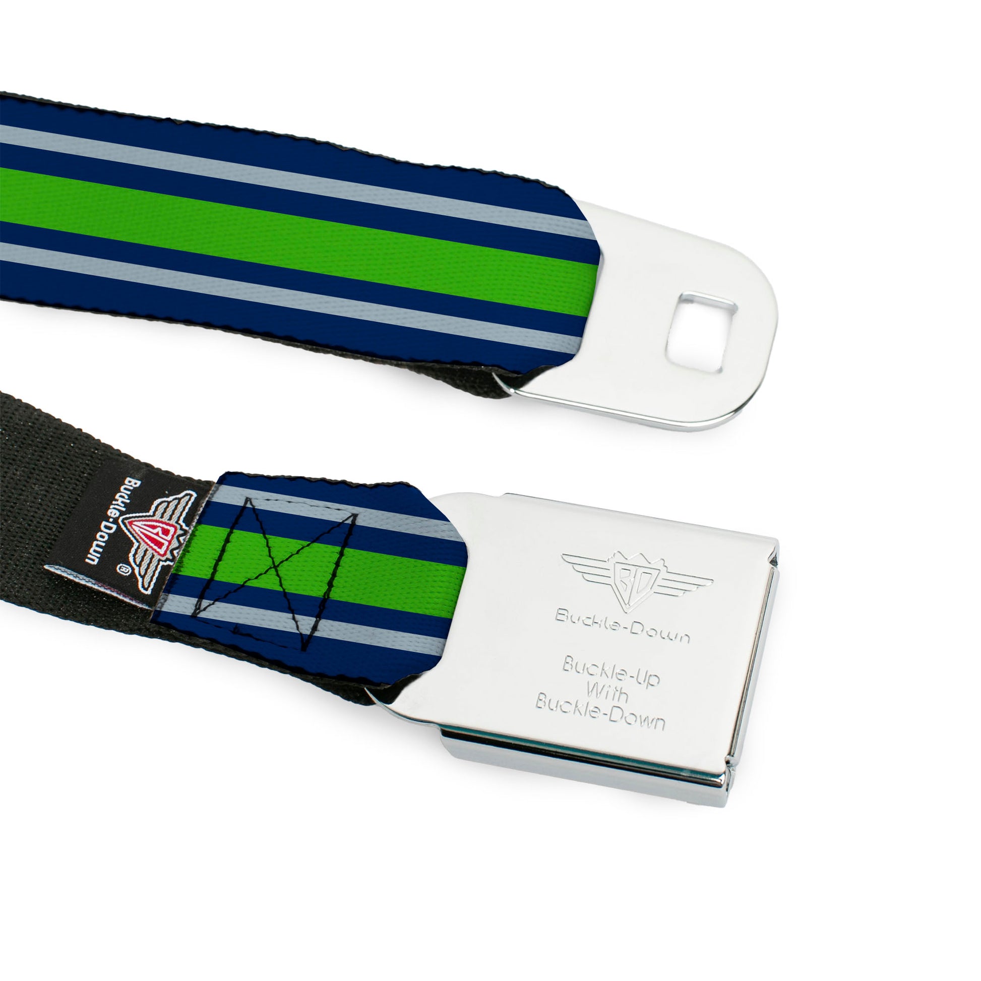 BD Wings Logo CLOSE-UP Black/Silver Seatbelt Belt - Stripe2 Navy/Gray/Green Webbing Seatbelt Belts Buckle-Down