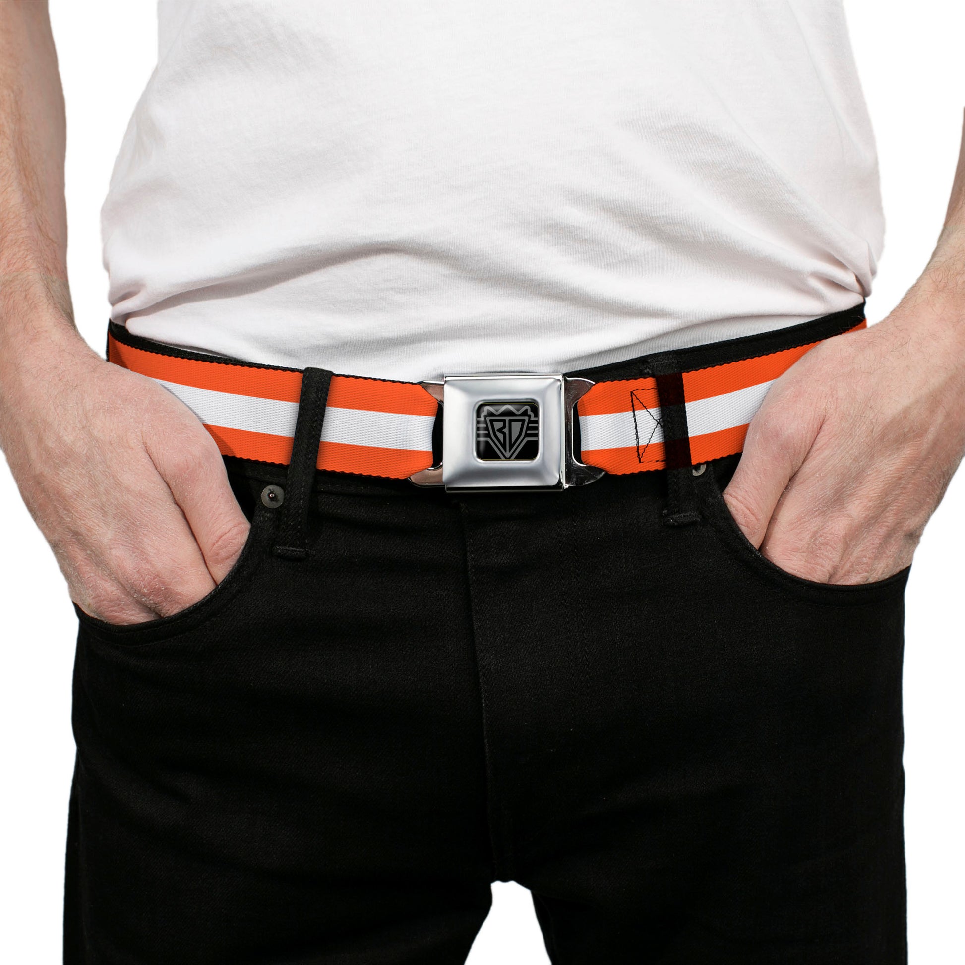 BD Wings Logo CLOSE-UP Black/Silver Seatbelt Belt - Stripes Orange/White/Orange Webbing Seatbelt Belts Buckle-Down