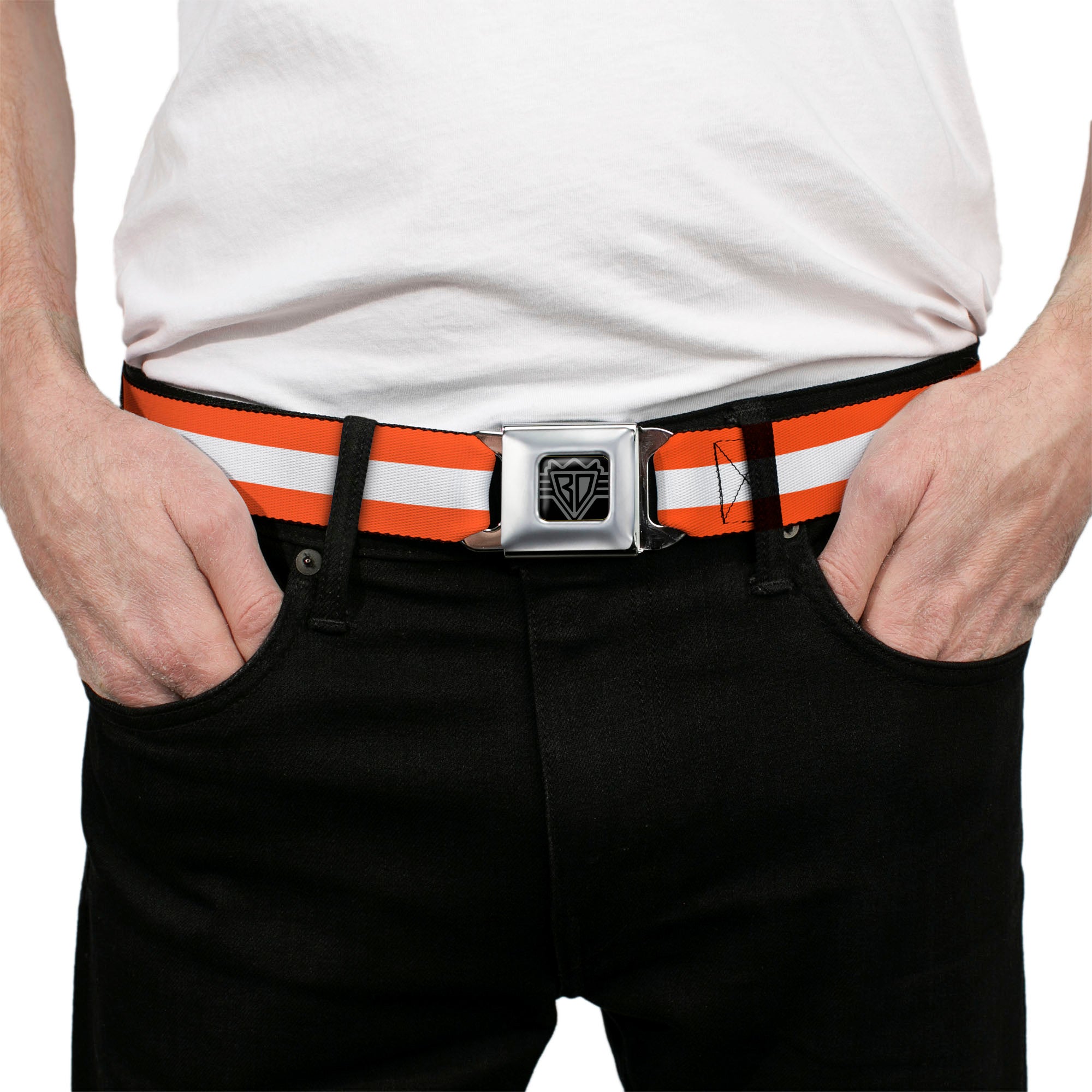 BD Wings Logo CLOSE-UP Black/Silver Seatbelt Belt - Stripes Orange/White/Orange Webbing Seatbelt Belts Buckle-Down