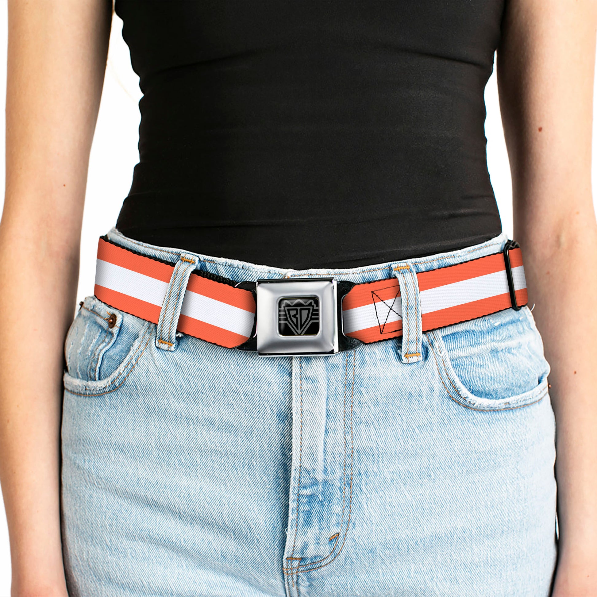 BD Wings Logo CLOSE-UP Black/Silver Seatbelt Belt - Stripes Orange/White/Orange Webbing Seatbelt Belts Buckle-Down
