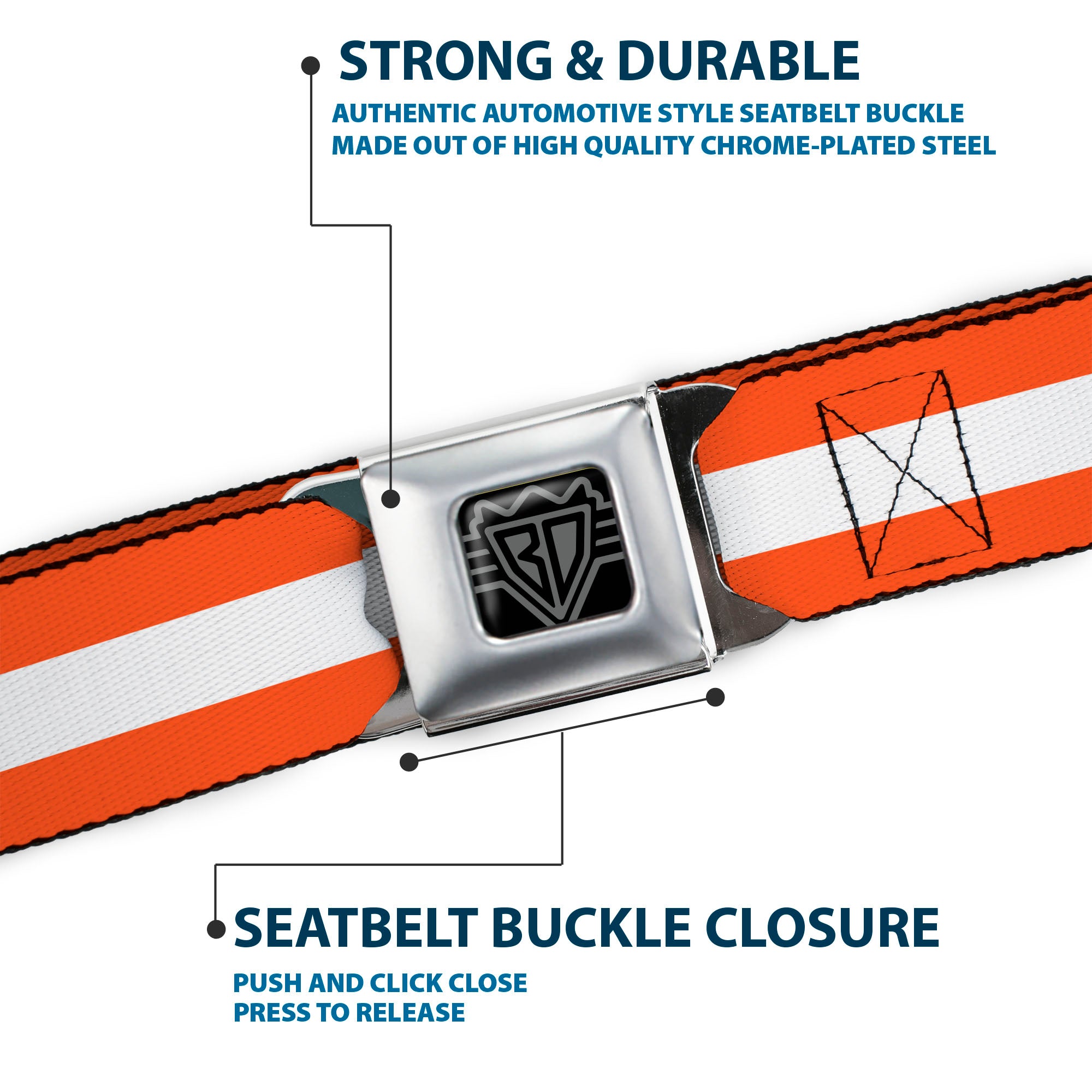 BD Wings Logo CLOSE-UP Black/Silver Seatbelt Belt - Stripes Orange/White/Orange Webbing Seatbelt Belts Buckle-Down