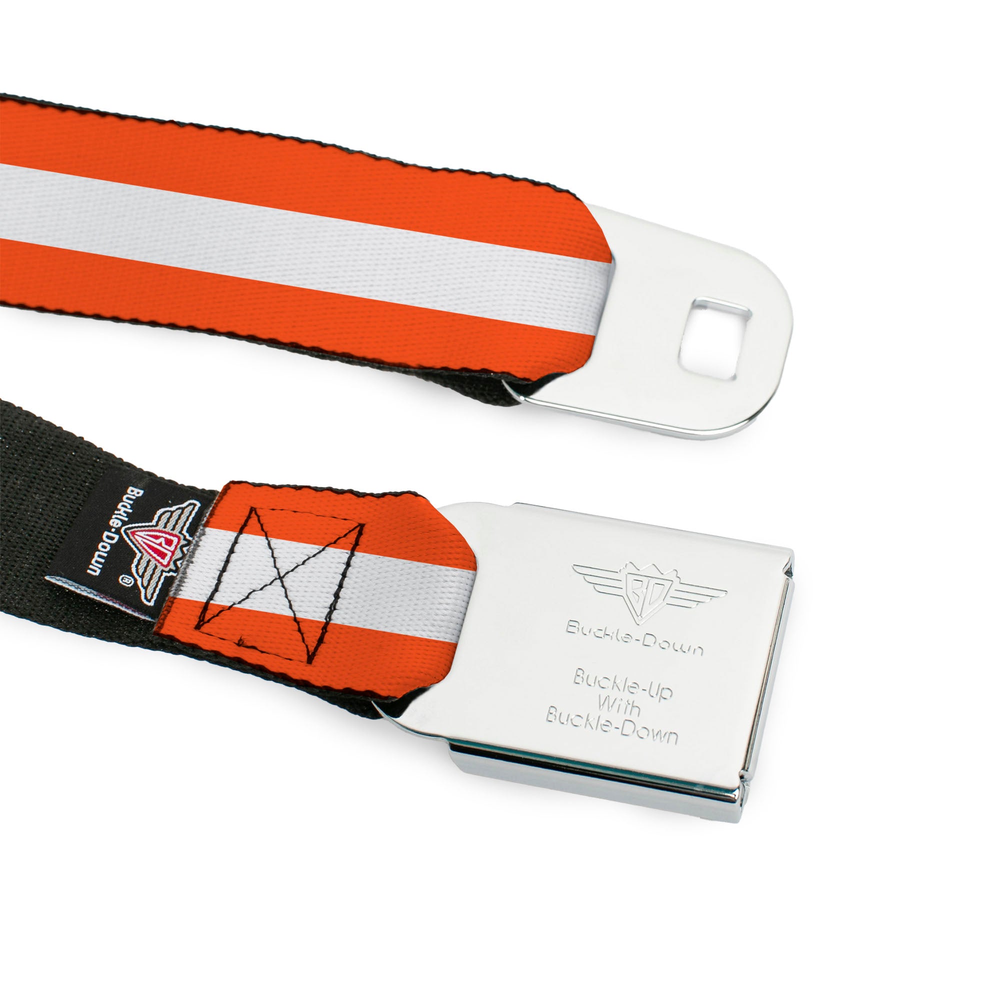BD Wings Logo CLOSE-UP Black/Silver Seatbelt Belt - Stripes Orange/White/Orange Webbing Seatbelt Belts Buckle-Down
