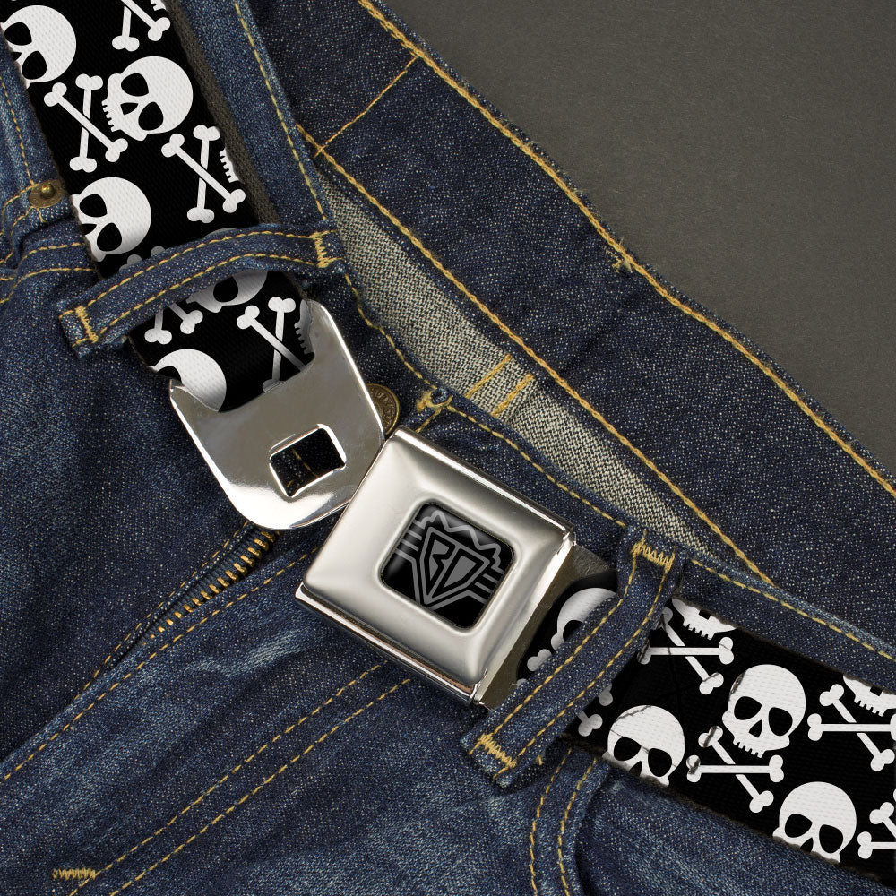 BD Wings Logo CLOSE-UP Black/Silver Seatbelt Belt - Skull & Cross Bones Staggered Black/White Webbing Seatbelt Belts Buckle-Down