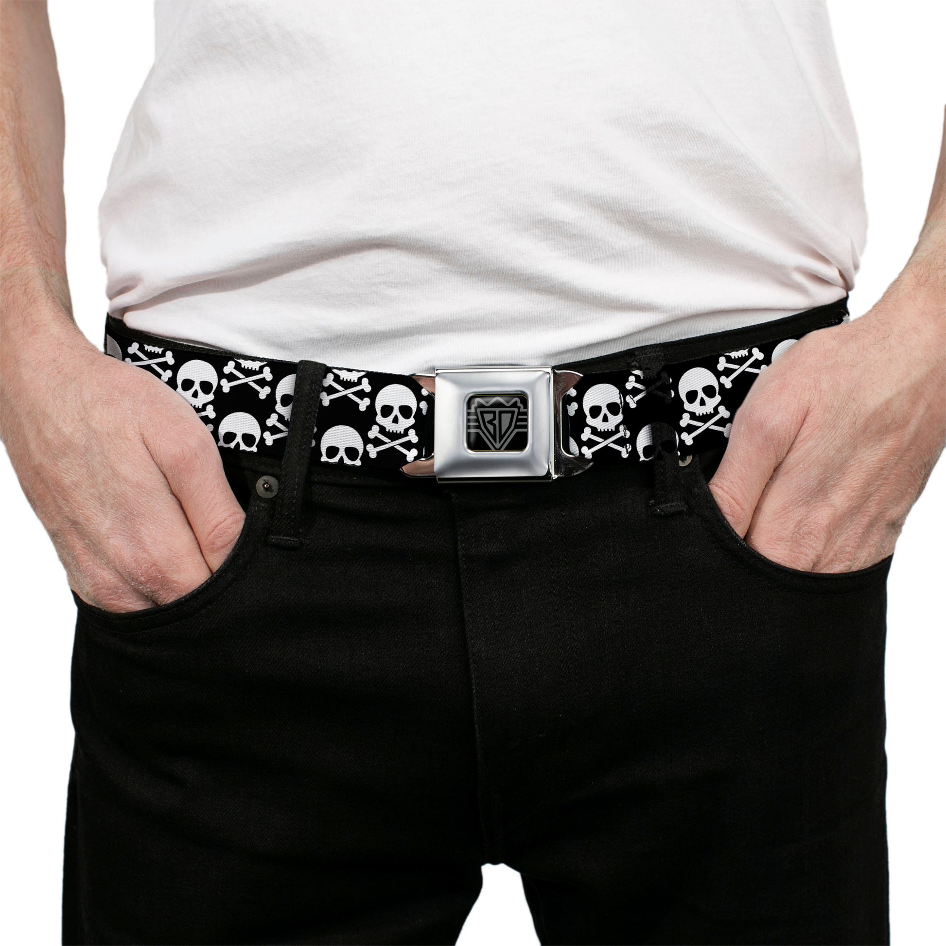 BD Wings Logo CLOSE-UP Black/Silver Seatbelt Belt - Skull & Cross Bones Staggered Black/White Webbing Seatbelt Belts Buckle-Down