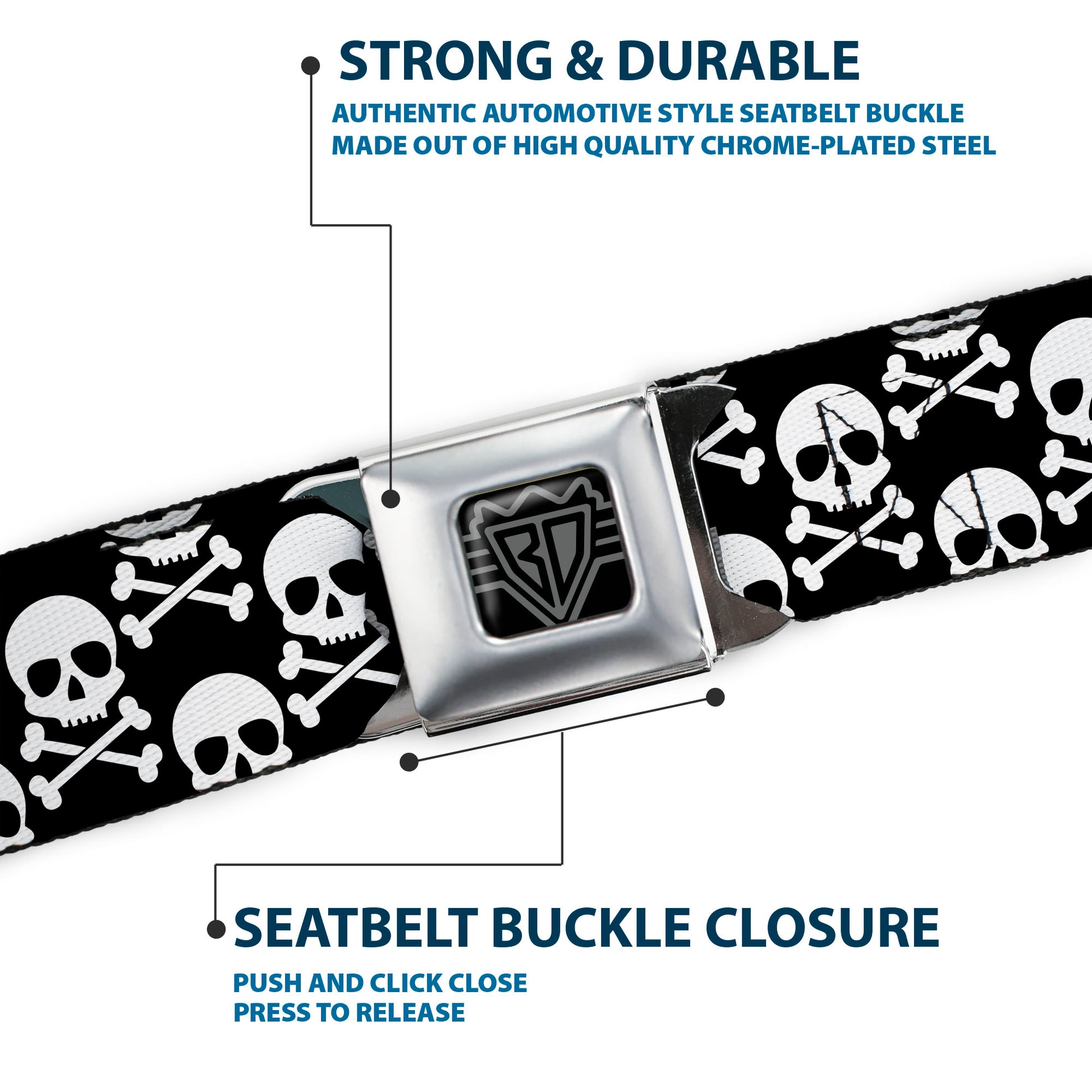 BD Wings Logo CLOSE-UP Black/Silver Seatbelt Belt - Skull & Cross Bones Staggered Black/White Webbing Seatbelt Belts Buckle-Down