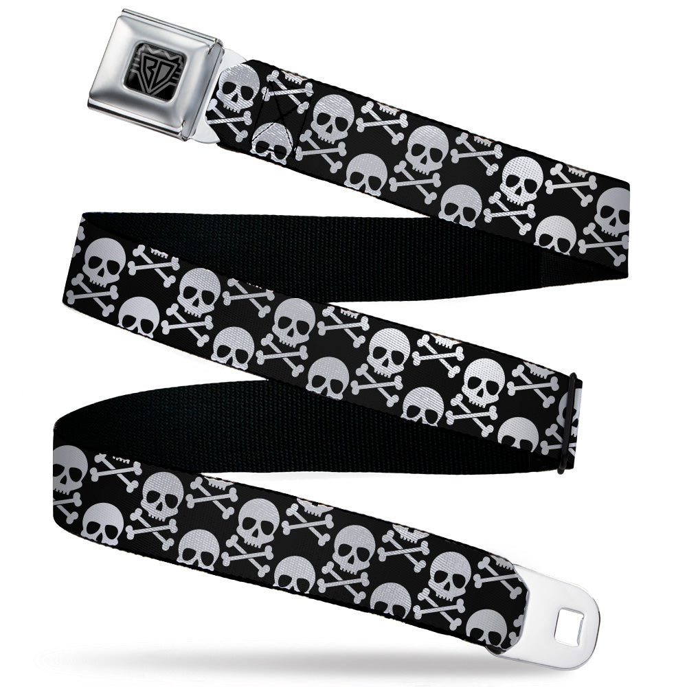 BD Wings Logo CLOSE-UP Black/Silver Seatbelt Belt - Skull & Cross Bones Staggered Black/White Webbing Seatbelt Belts Buckle-Down