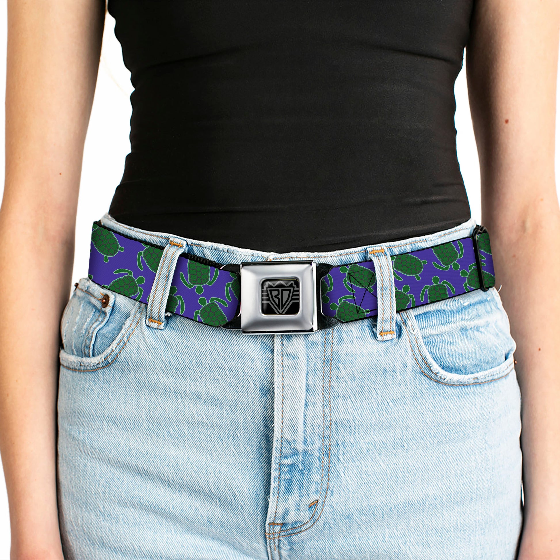 BD Wings Logo CLOSE-UP Black/Silver Seatbelt Belt - Sea Turtles Scattered Blue/Green Webbing Seatbelt Belts Buckle-Down