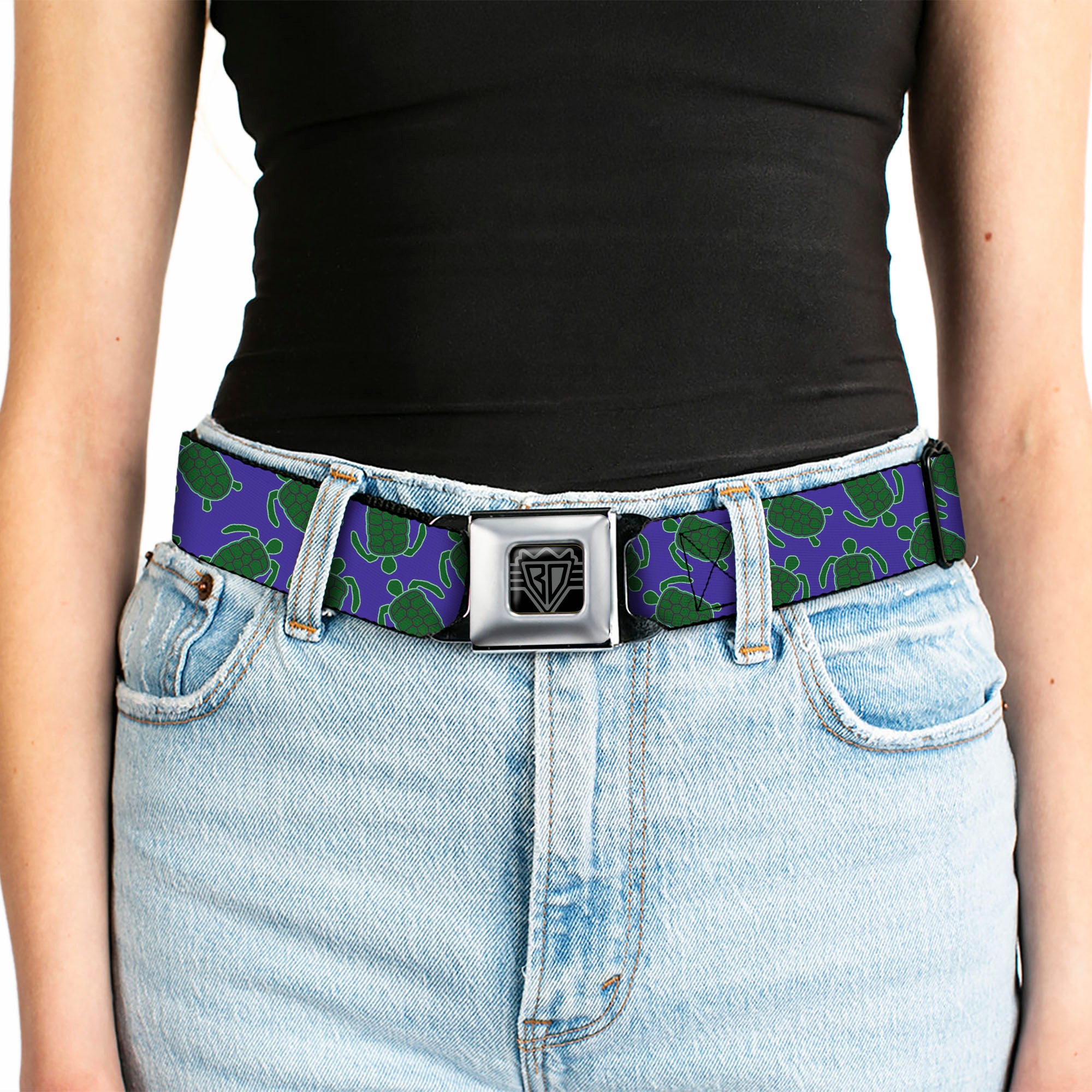 BD Wings Logo CLOSE-UP Black/Silver Seatbelt Belt - Sea Turtles Scattered Blue/Green Webbing Seatbelt Belts Buckle-Down
