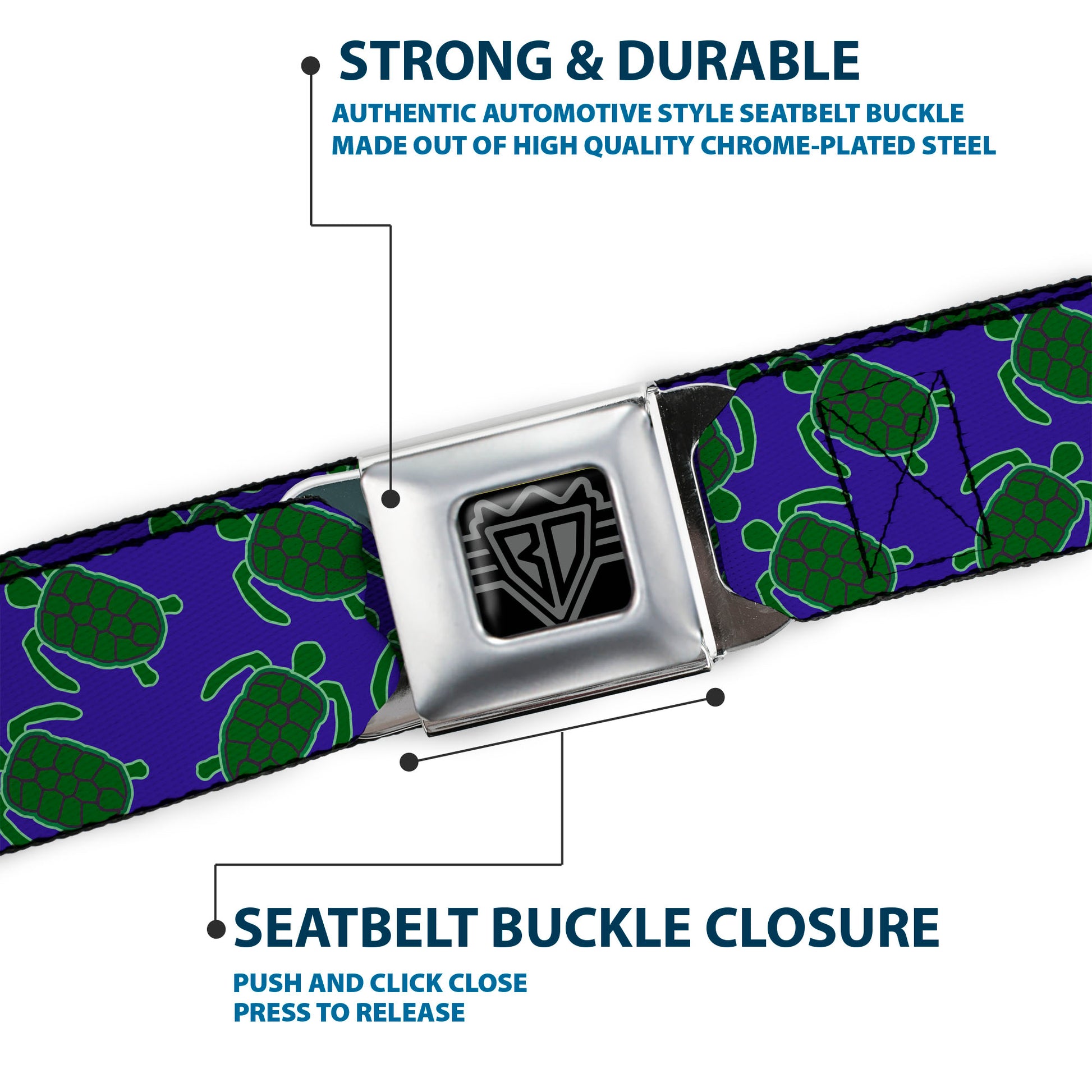 BD Wings Logo CLOSE-UP Black/Silver Seatbelt Belt - Sea Turtles Scattered Blue/Green Webbing Seatbelt Belts Buckle-Down