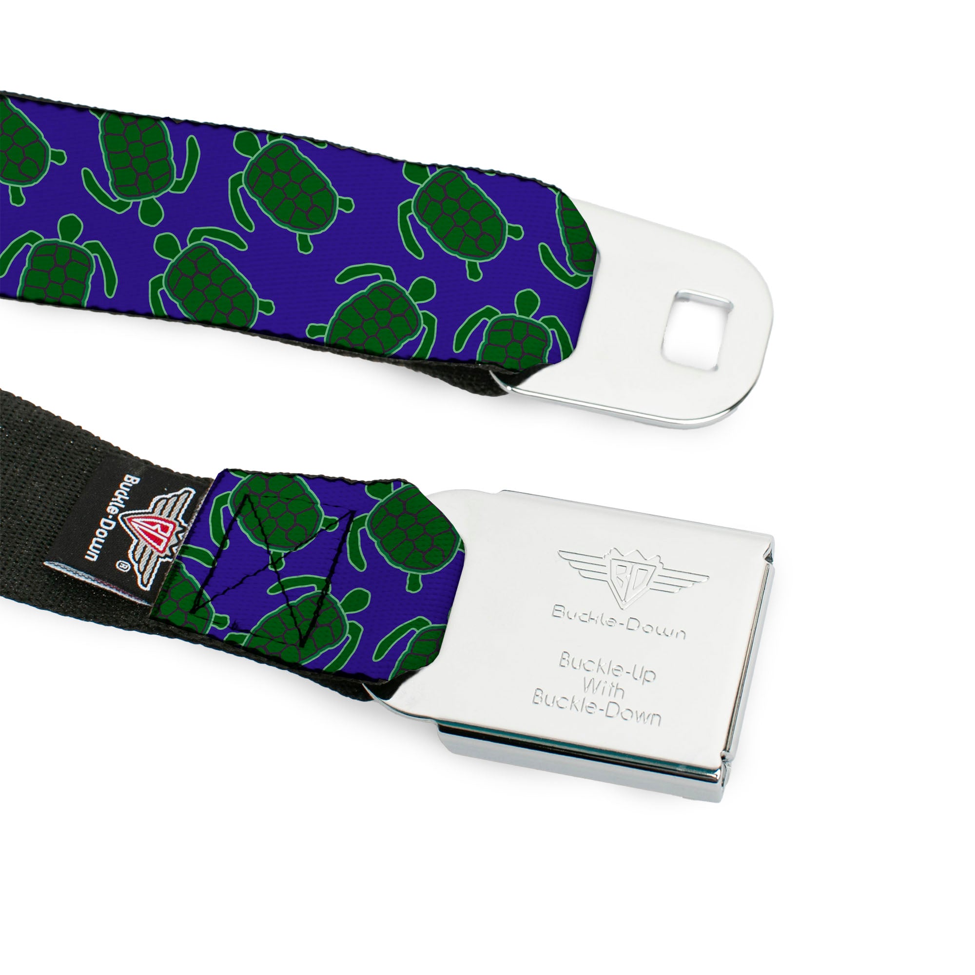 BD Wings Logo CLOSE-UP Black/Silver Seatbelt Belt - Sea Turtles Scattered Blue/Green Webbing Seatbelt Belts Buckle-Down