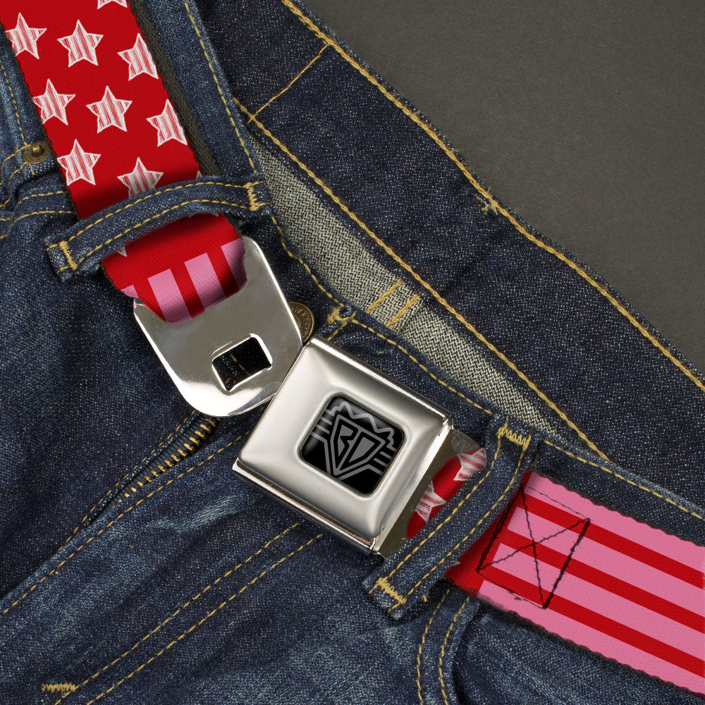 BD Wings Logo CLOSE-UP Black/Silver Seatbelt Belt - Stars & Stripes2 Red/White/Pink Webbing Seatbelt Belts Buckle-Down