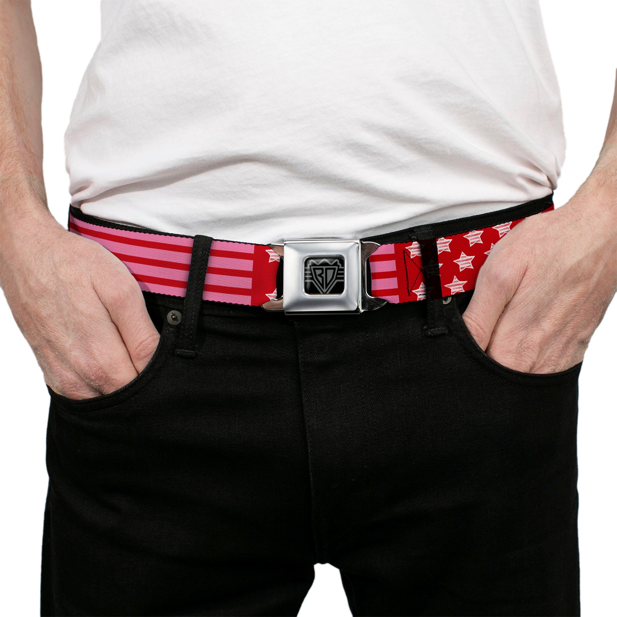 BD Wings Logo CLOSE-UP Black/Silver Seatbelt Belt - Stars & Stripes2 Red/White/Pink Webbing Seatbelt Belts Buckle-Down
