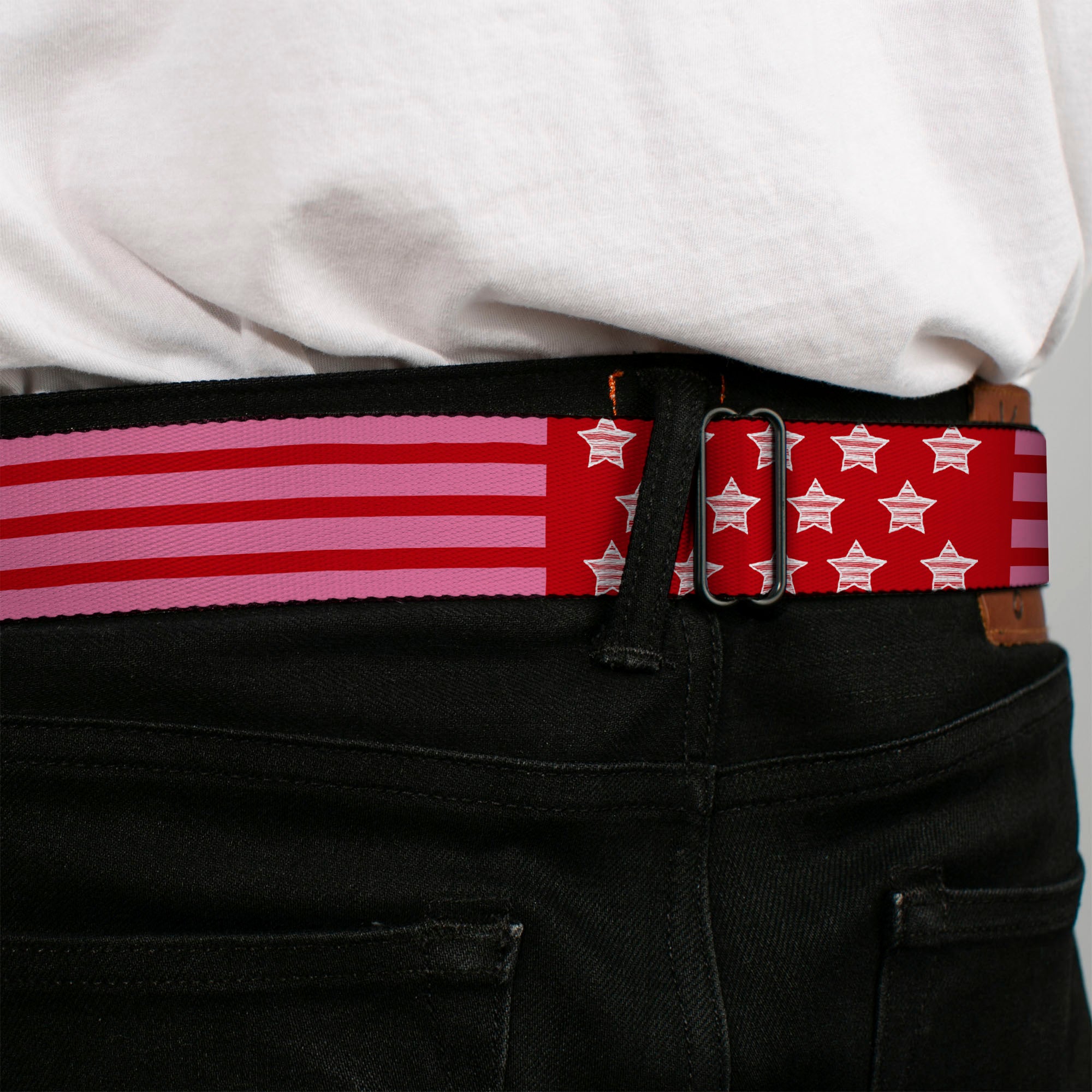 BD Wings Logo CLOSE-UP Black/Silver Seatbelt Belt - Stars & Stripes2 Red/White/Pink Webbing Seatbelt Belts Buckle-Down