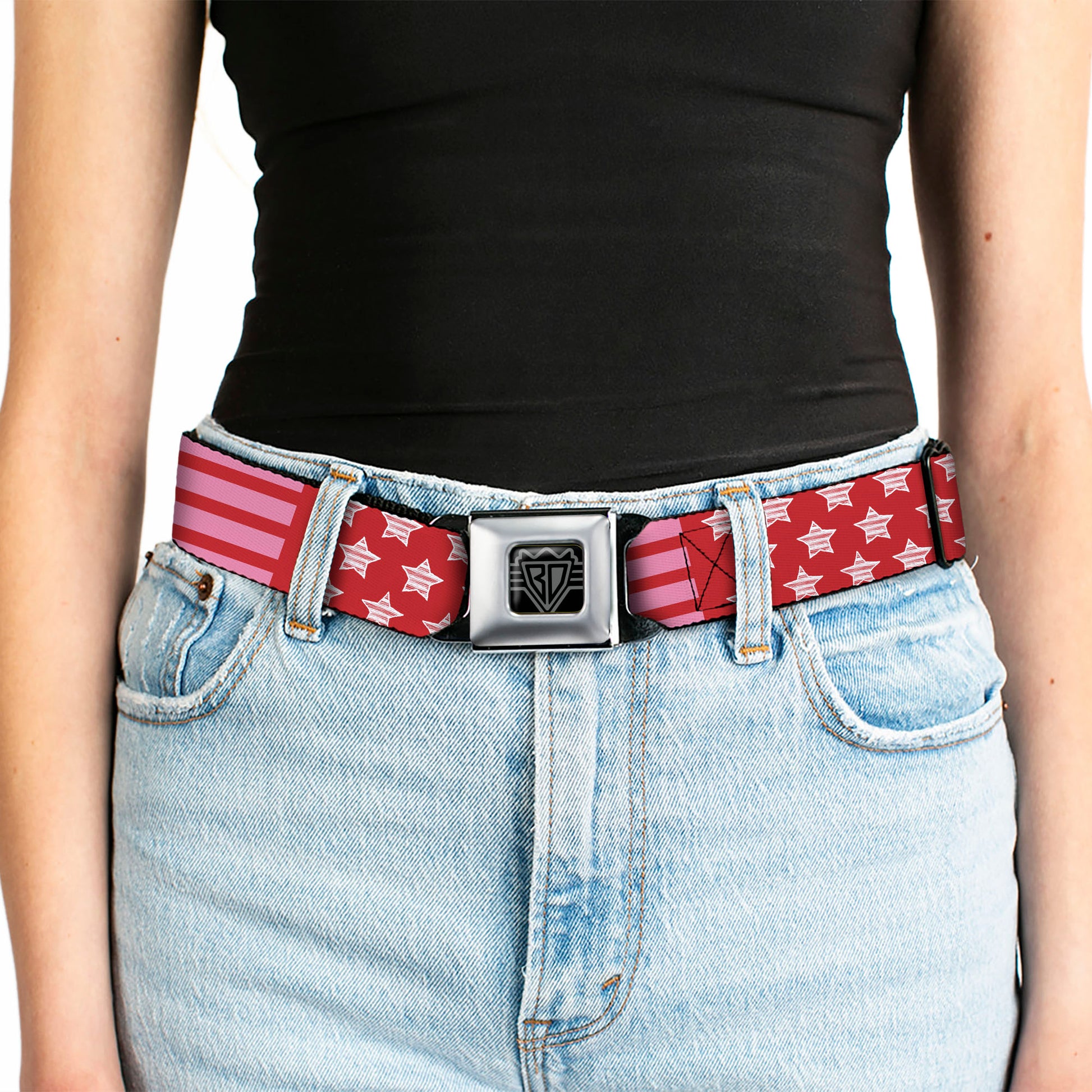 BD Wings Logo CLOSE-UP Black/Silver Seatbelt Belt - Stars & Stripes2 Red/White/Pink Webbing Seatbelt Belts Buckle-Down