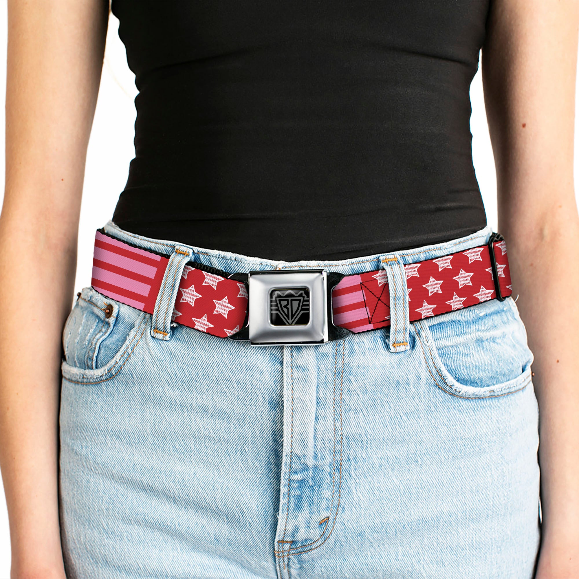 BD Wings Logo CLOSE-UP Black/Silver Seatbelt Belt - Stars & Stripes2 Red/White/Pink Webbing Seatbelt Belts Buckle-Down