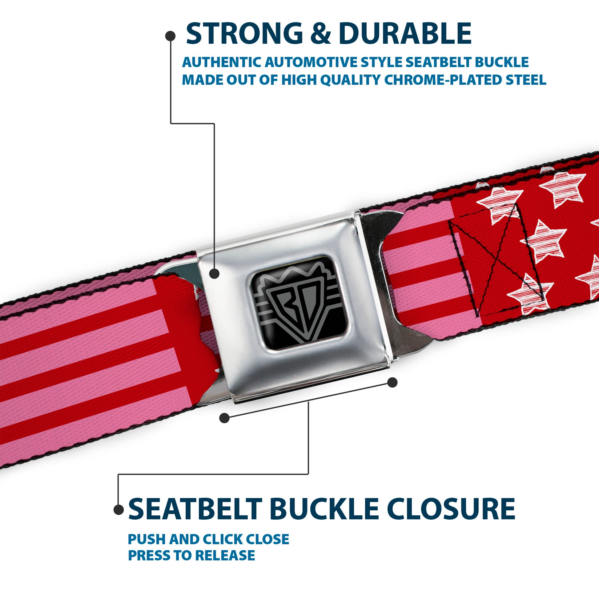 BD Wings Logo CLOSE-UP Black/Silver Seatbelt Belt - Stars & Stripes2 Red/White/Pink Webbing Seatbelt Belts Buckle-Down