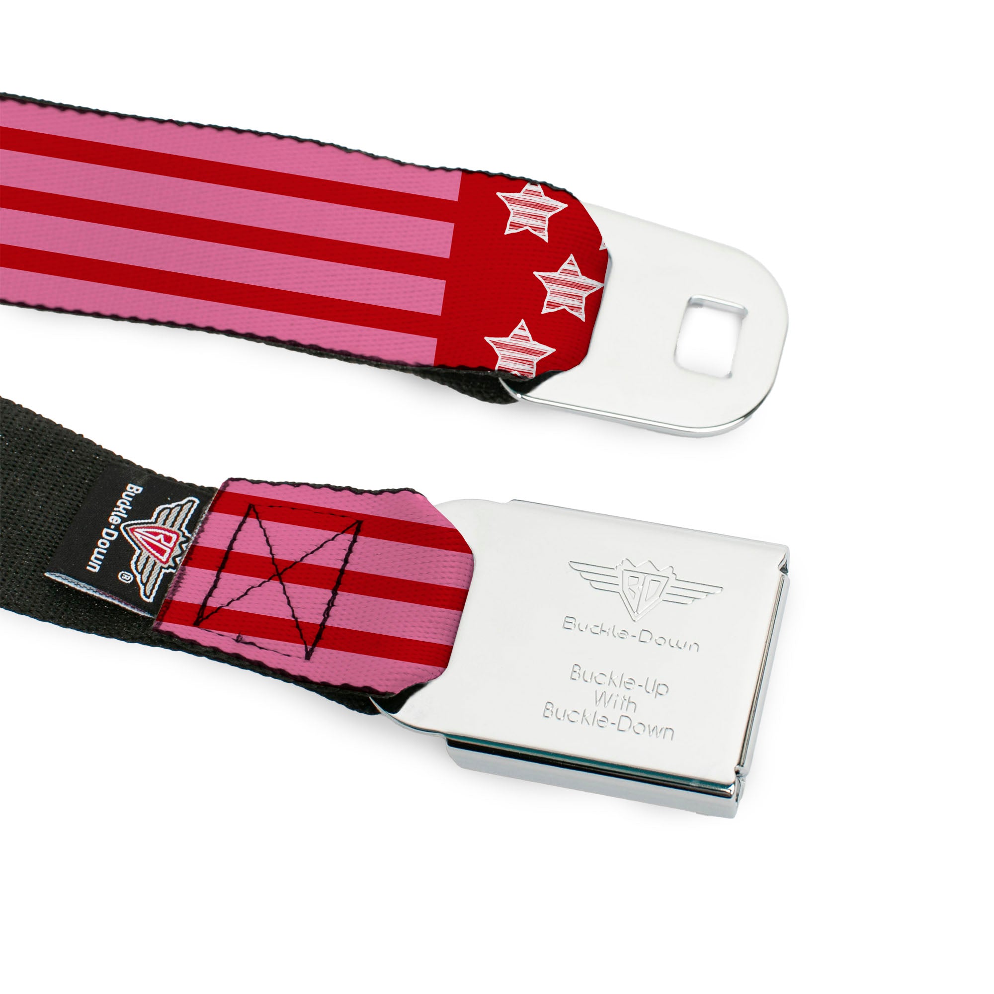 BD Wings Logo CLOSE-UP Black/Silver Seatbelt Belt - Stars & Stripes2 Red/White/Pink Webbing Seatbelt Belts Buckle-Down