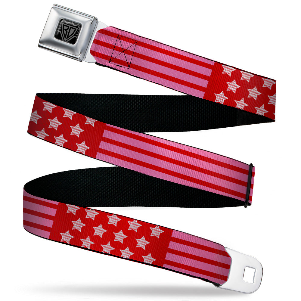 BD Wings Logo CLOSE-UP Black/Silver Seatbelt Belt - Stars & Stripes2 Red/White/Pink Webbing Seatbelt Belts Buckle-Down