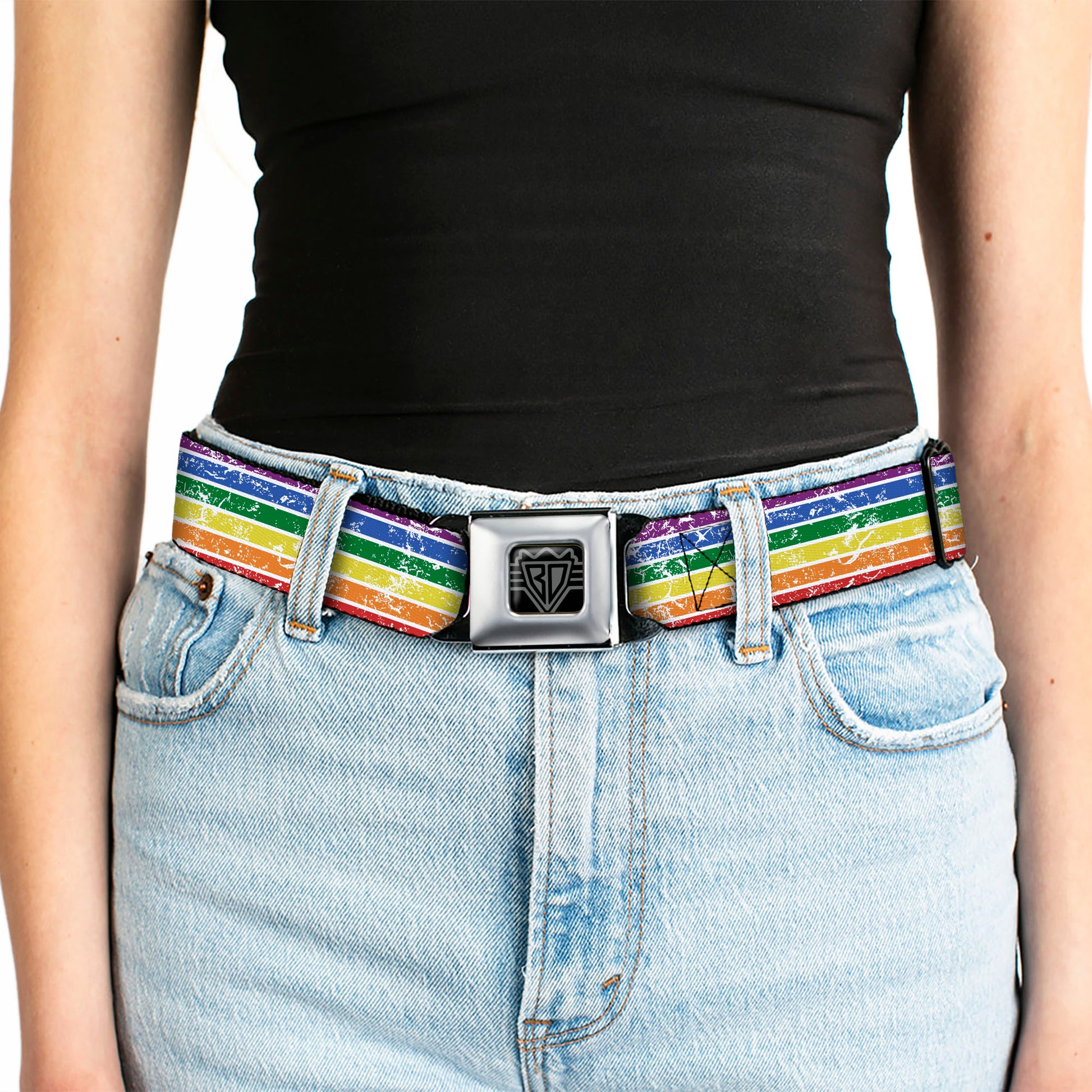 BD Wings Logo CLOSE-UP Black/Silver Seatbelt Belt - Stripes Distressed White/Multi Color Webbing Seatbelt Belts Buckle-Down