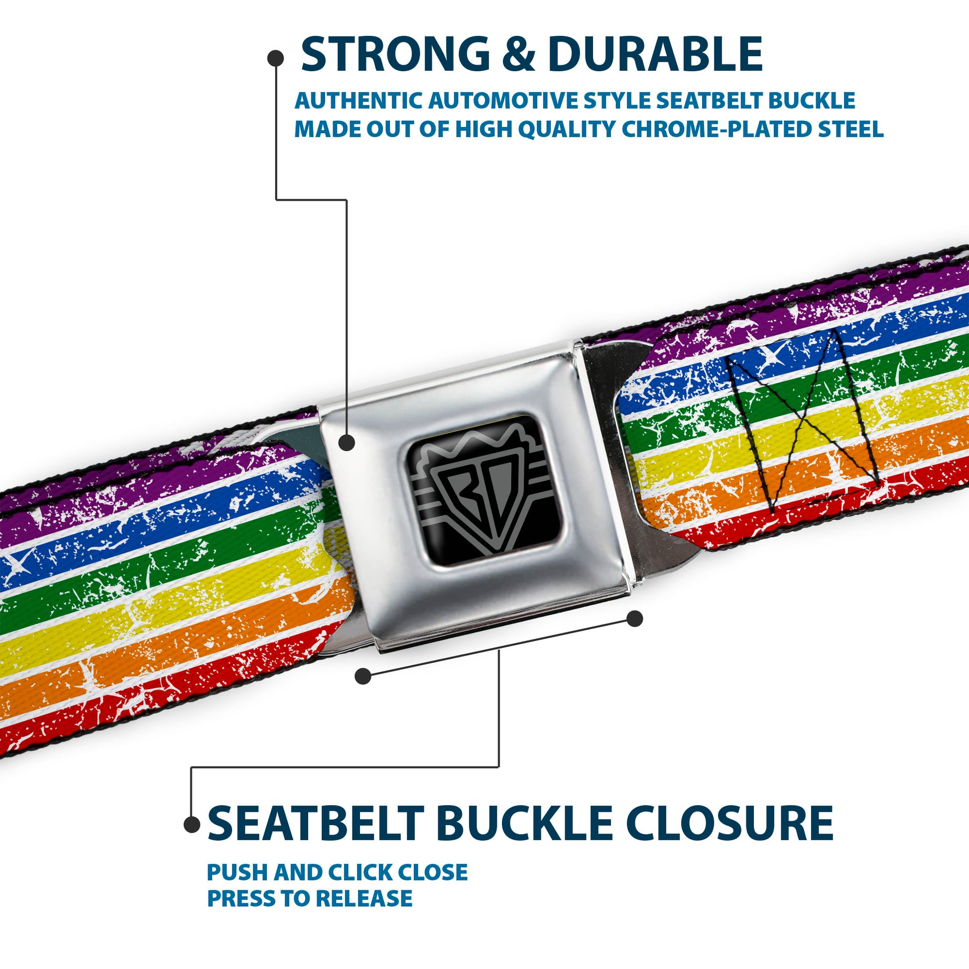 BD Wings Logo CLOSE-UP Black/Silver Seatbelt Belt - Stripes Distressed White/Multi Color Webbing Seatbelt Belts Buckle-Down