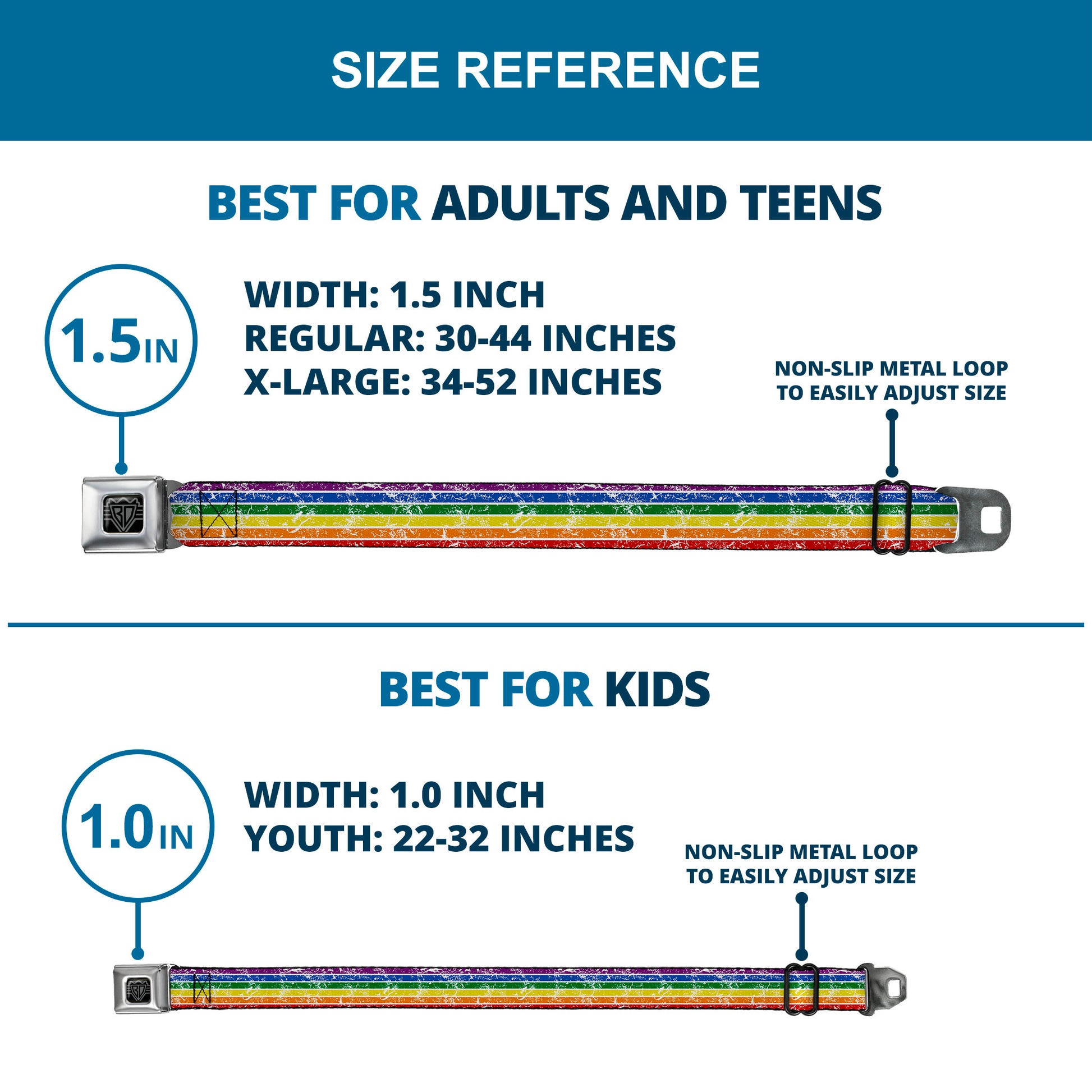 BD Wings Logo CLOSE-UP Black/Silver Seatbelt Belt - Stripes Distressed White/Multi Color Webbing Seatbelt Belts Buckle-Down