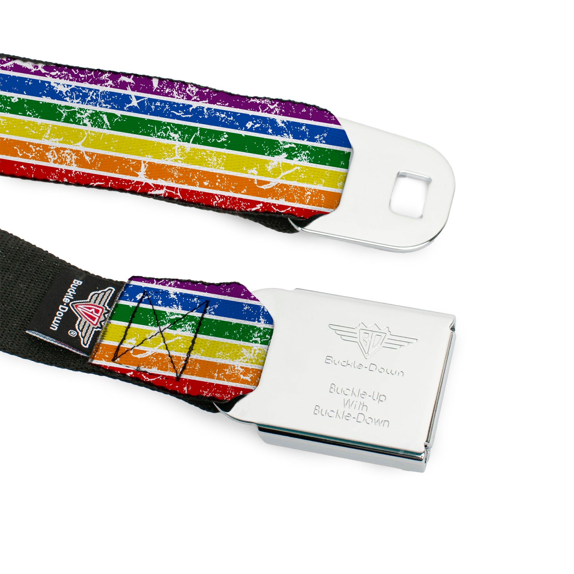 BD Wings Logo CLOSE-UP Black/Silver Seatbelt Belt - Stripes Distressed White/Multi Color Webbing Seatbelt Belts Buckle-Down