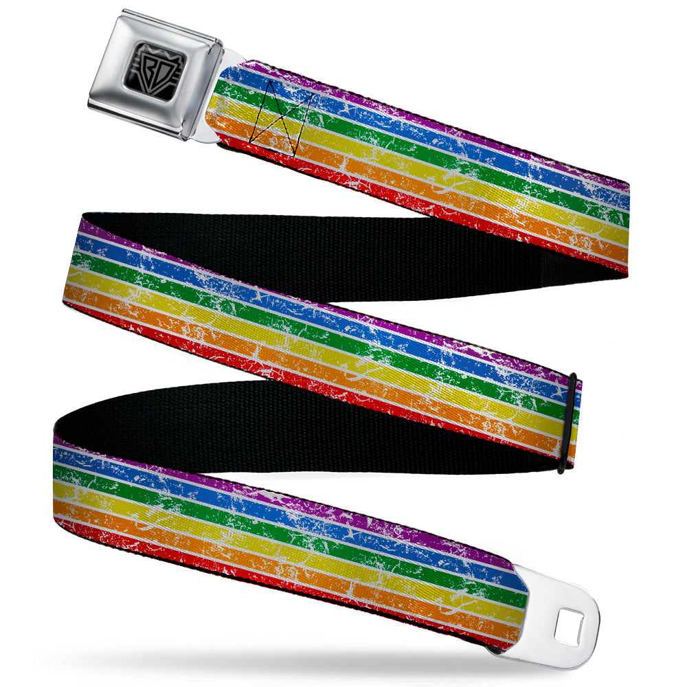 BD Wings Logo CLOSE-UP Black/Silver Seatbelt Belt - Stripes Distressed White/Multi Color Webbing Seatbelt Belts Buckle-Down