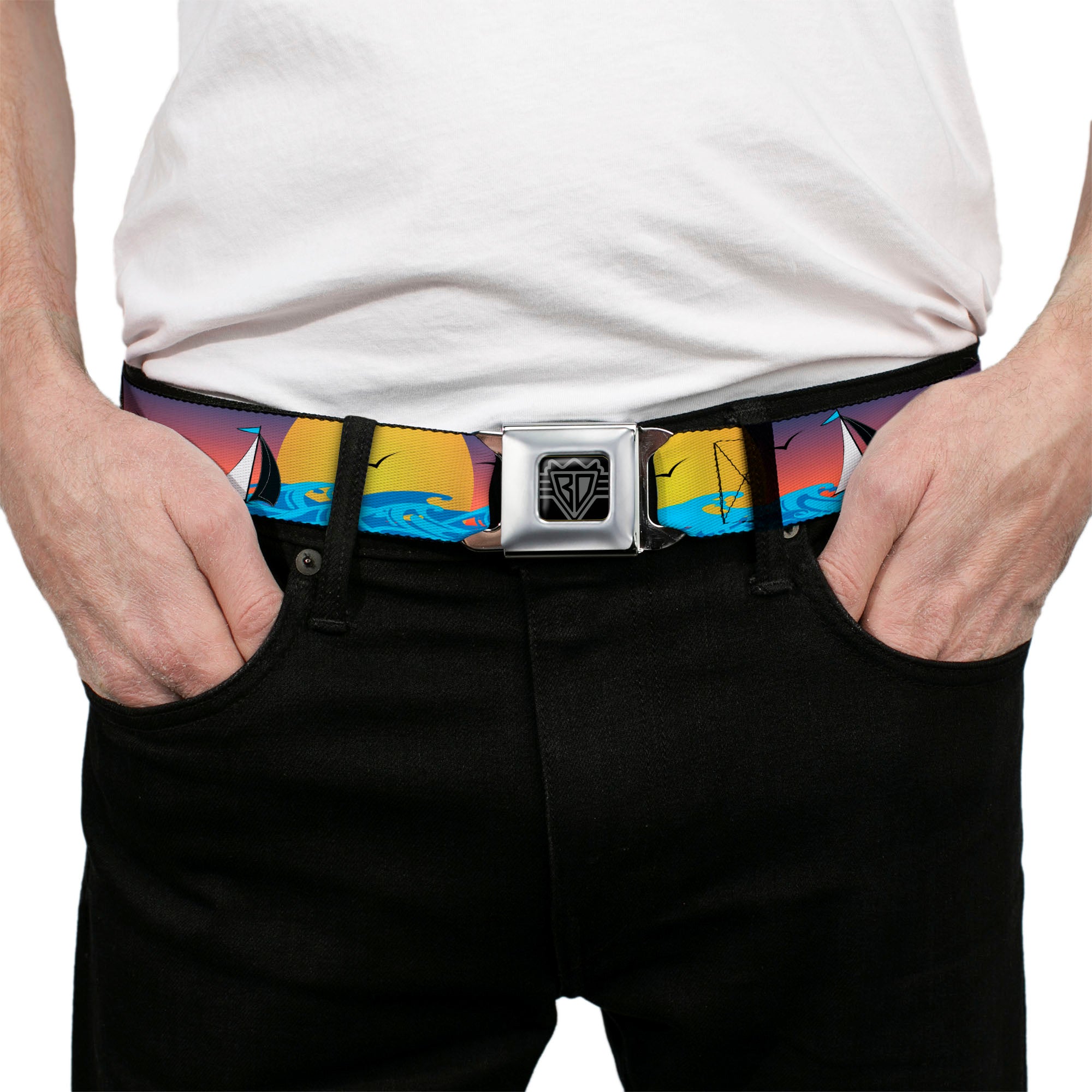 BD Wings Logo CLOSE-UP Black/Silver Seatbelt Belt - Sailboat Sunset Oranges/Yellow/Blues Webbing Seatbelt Belts Buckle-Down