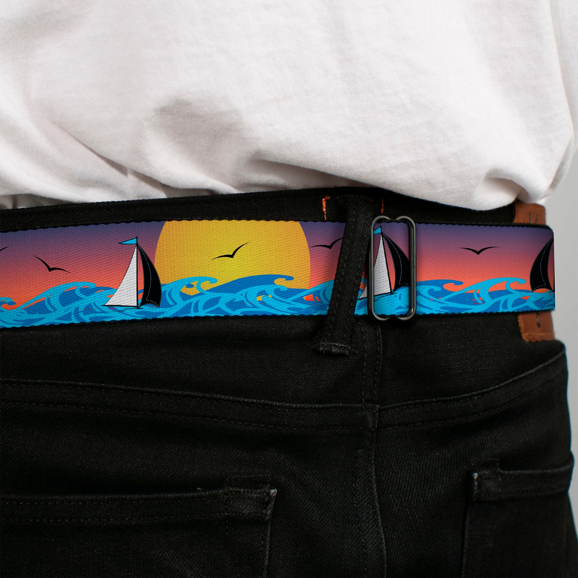 BD Wings Logo CLOSE-UP Black/Silver Seatbelt Belt - Sailboat Sunset Oranges/Yellow/Blues Webbing Seatbelt Belts Buckle-Down