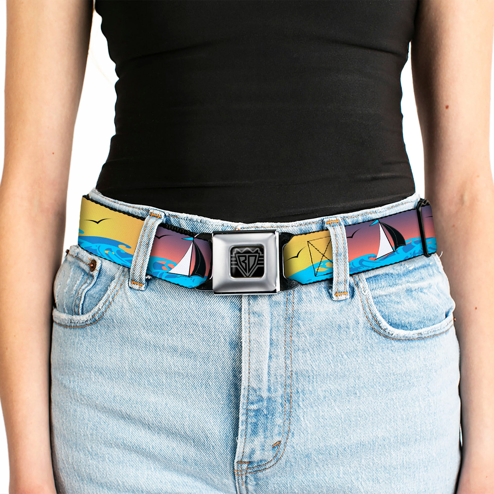 BD Wings Logo CLOSE-UP Black/Silver Seatbelt Belt - Sailboat Sunset Oranges/Yellow/Blues Webbing Seatbelt Belts Buckle-Down