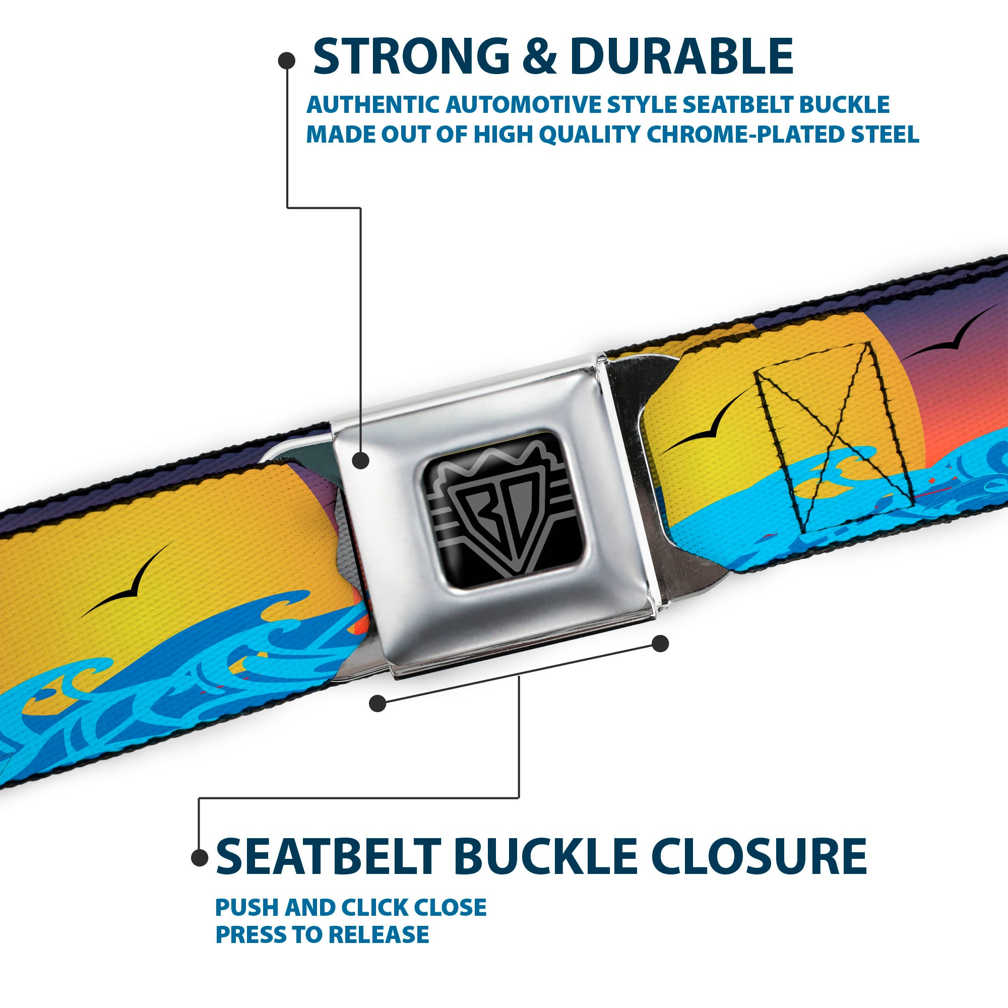 BD Wings Logo CLOSE-UP Black/Silver Seatbelt Belt - Sailboat Sunset Oranges/Yellow/Blues Webbing Seatbelt Belts Buckle-Down