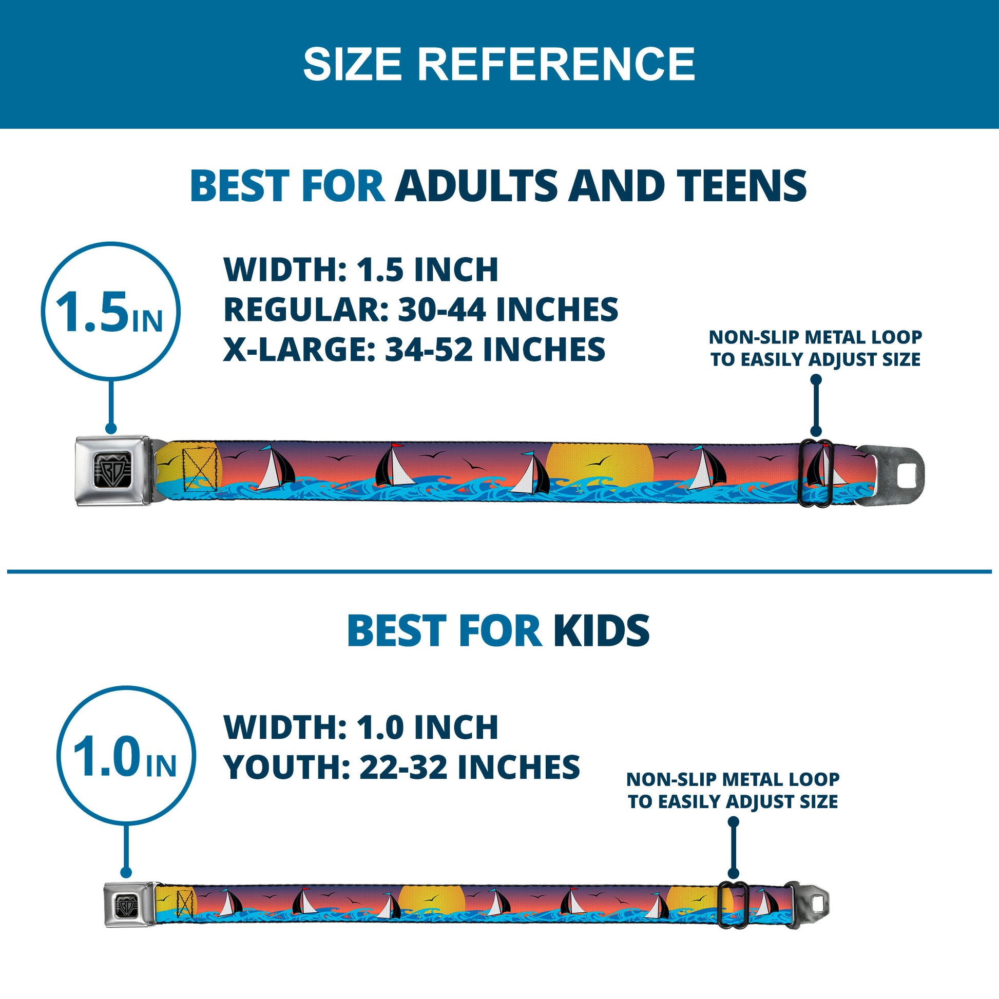 BD Wings Logo CLOSE-UP Black/Silver Seatbelt Belt - Sailboat Sunset Oranges/Yellow/Blues Webbing Seatbelt Belts Buckle-Down