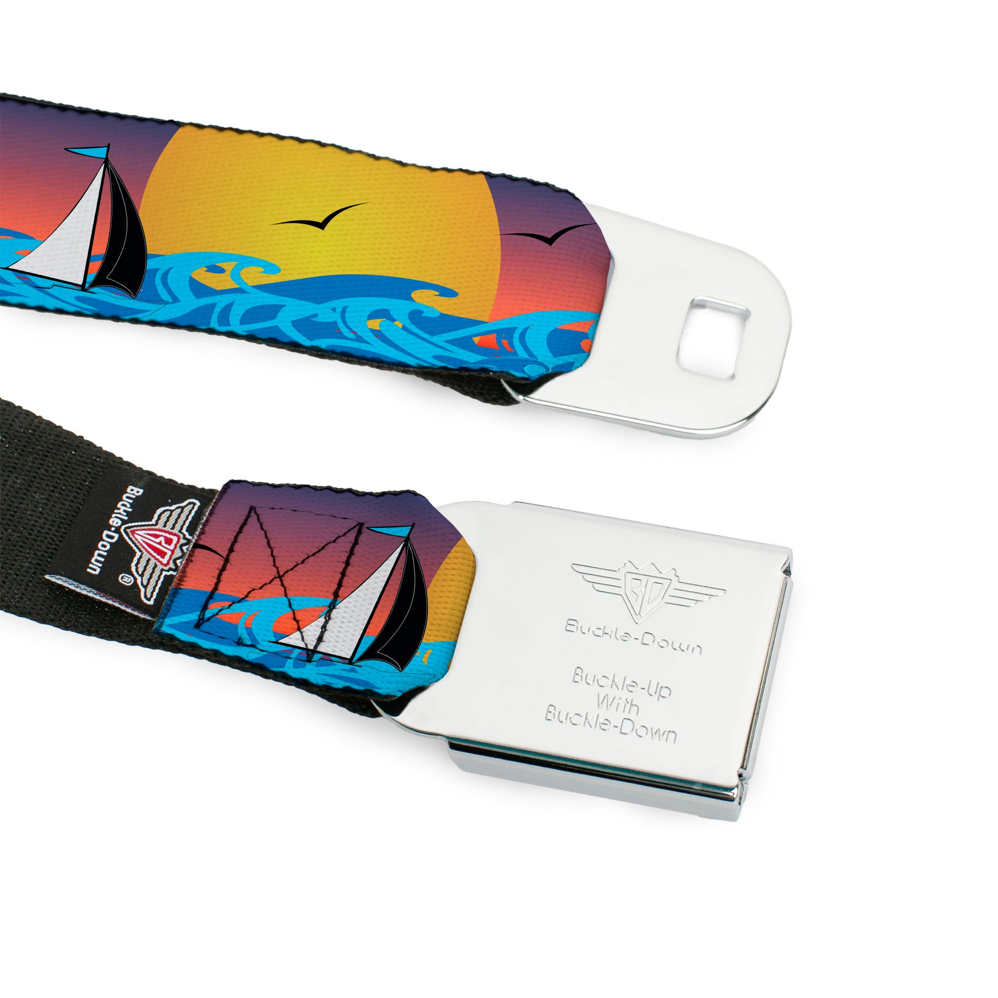 BD Wings Logo CLOSE-UP Black/Silver Seatbelt Belt - Sailboat Sunset Oranges/Yellow/Blues Webbing Seatbelt Belts Buckle-Down