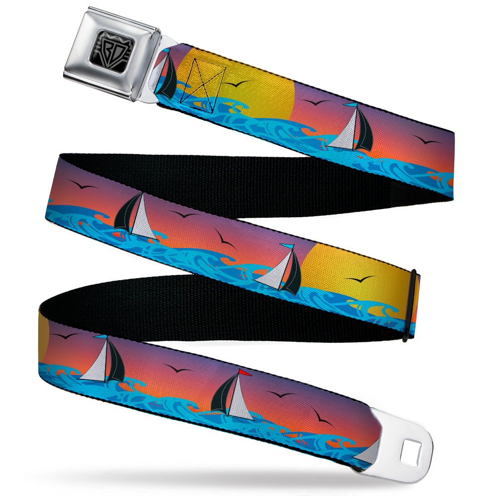 BD Wings Logo CLOSE-UP Black/Silver Seatbelt Belt - Sailboat Sunset Oranges/Yellow/Blues Webbing Seatbelt Belts Buckle-Down