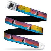 BD Wings Logo CLOSE-UP Black/Silver Seatbelt Belt - Sailboat Sunset Oranges/Yellow/Blues Webbing Seatbelt Belts Buckle-Down