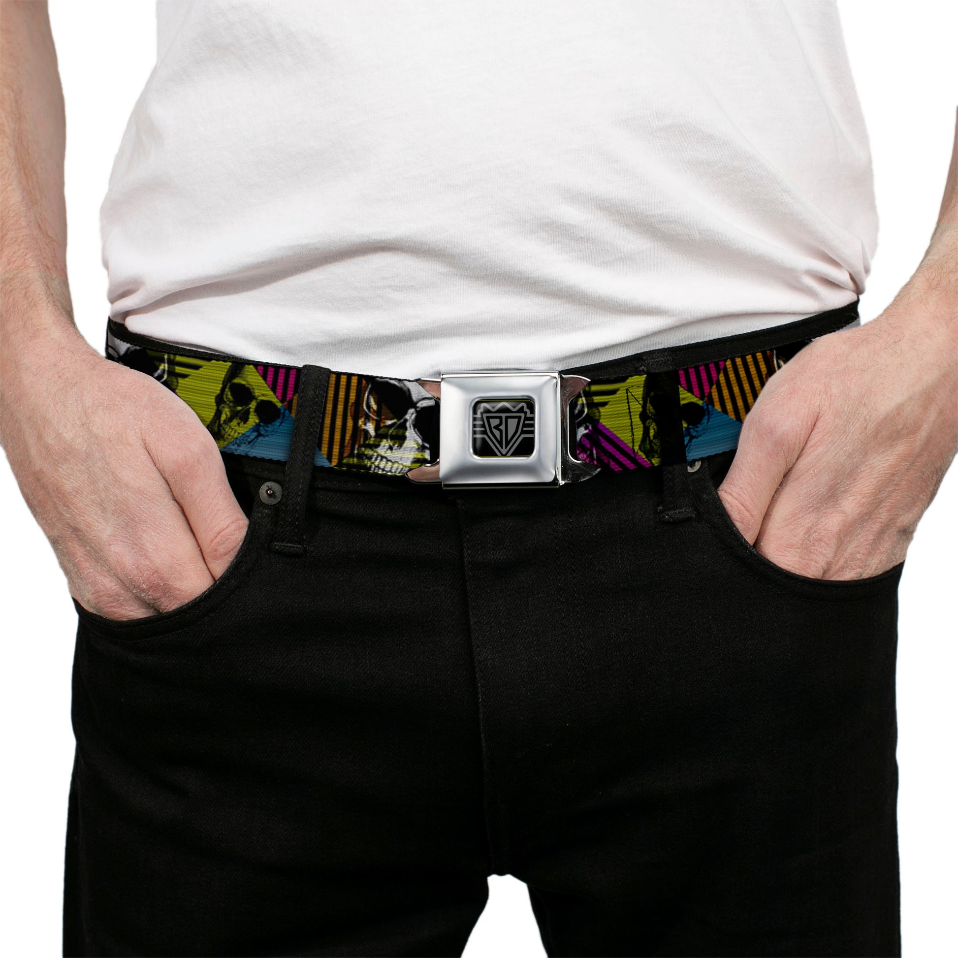 BD Wings Logo CLOSE-UP Black/Silver Seatbelt Belt - Skull CAT Scan/Striped Diamonds Black/Multi Color/Grays Webbing Seatbelt Belts Buckle-Down
