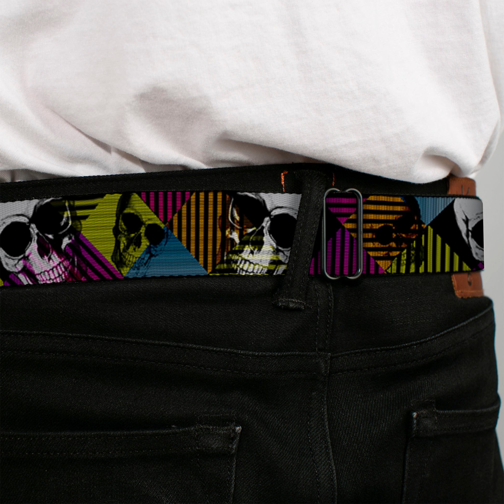 BD Wings Logo CLOSE-UP Black/Silver Seatbelt Belt - Skull CAT Scan/Striped Diamonds Black/Multi Color/Grays Webbing Seatbelt Belts Buckle-Down