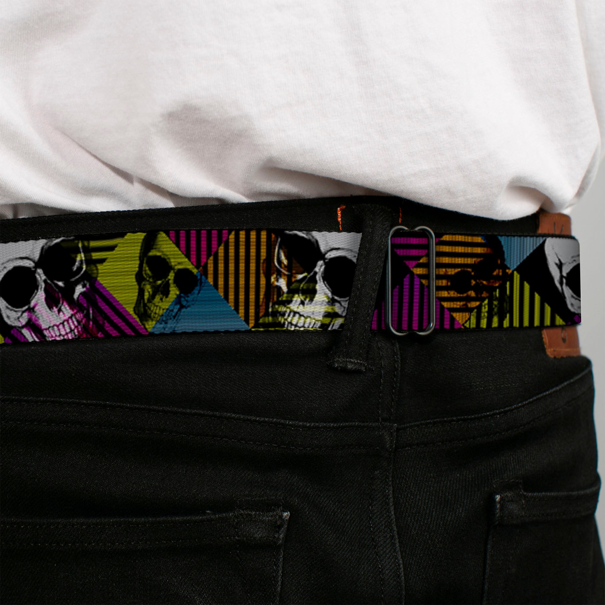 BD Wings Logo CLOSE-UP Black/Silver Seatbelt Belt - Skull CAT Scan/Striped Diamonds Black/Multi Color/Grays Webbing Seatbelt Belts Buckle-Down